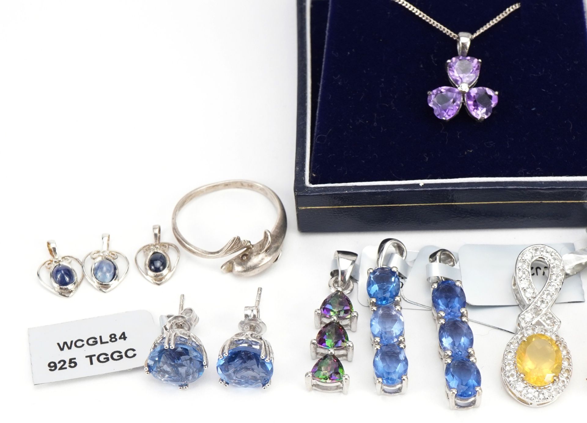 Silver jewellery set with semi precious stones including amethyst, sapphire and citrine, total - Bild 2 aus 4