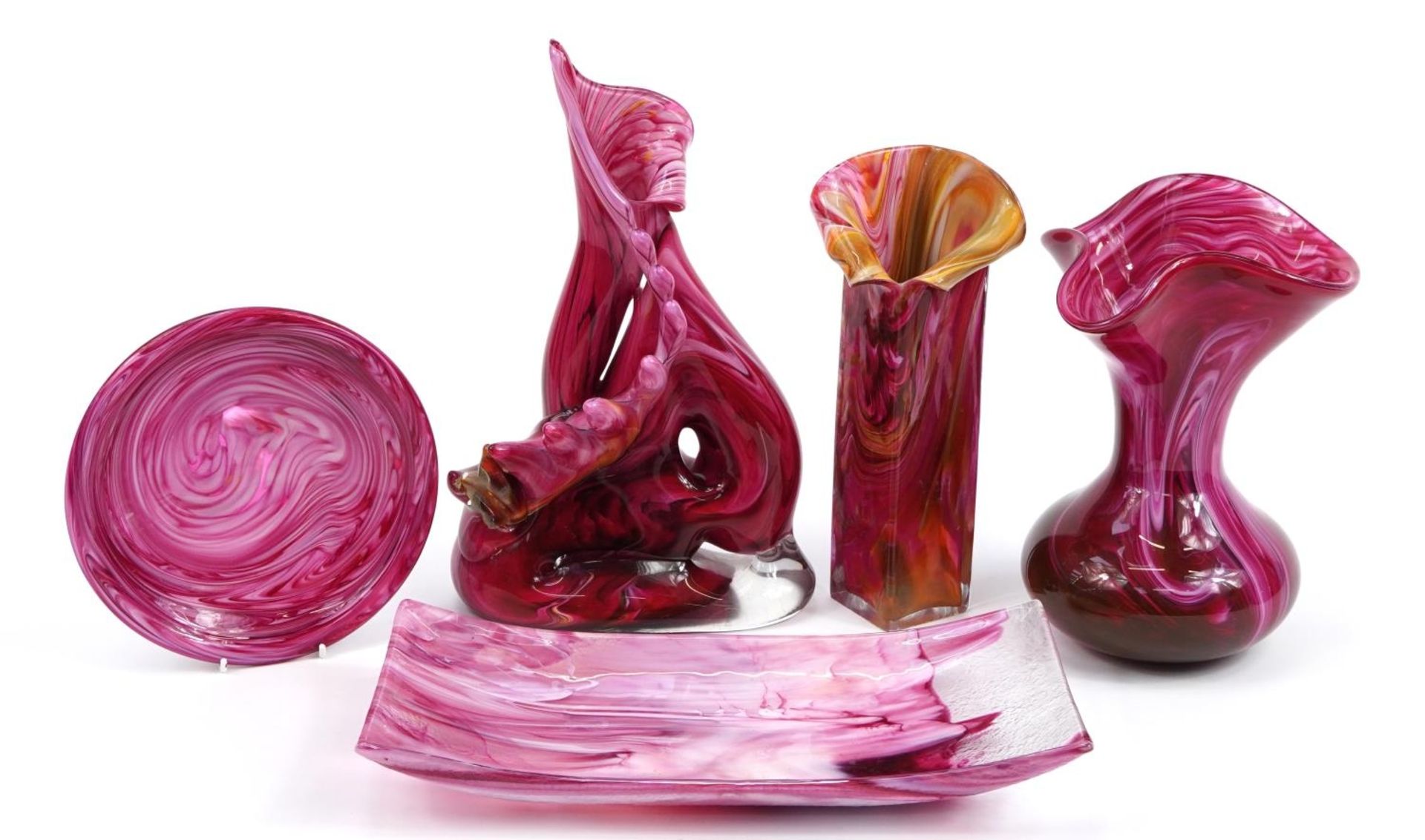 Maltese pink art glassware including a stylish heavy vase and rectangular tray, each signed, the