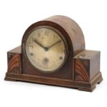 Art Deco oak Westminster chiming mantle clock, the silvered dial with Arabic numerals and The