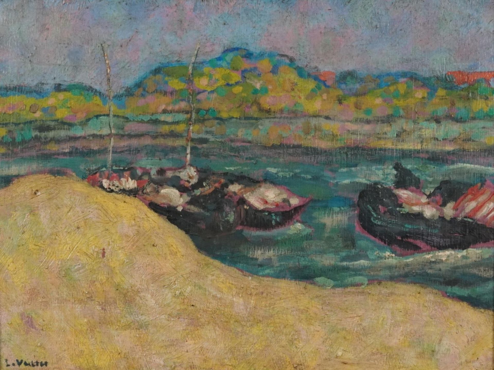 River landscape with fishing boats, continental school oil on board, mounted and framed, 36cm x 27cm