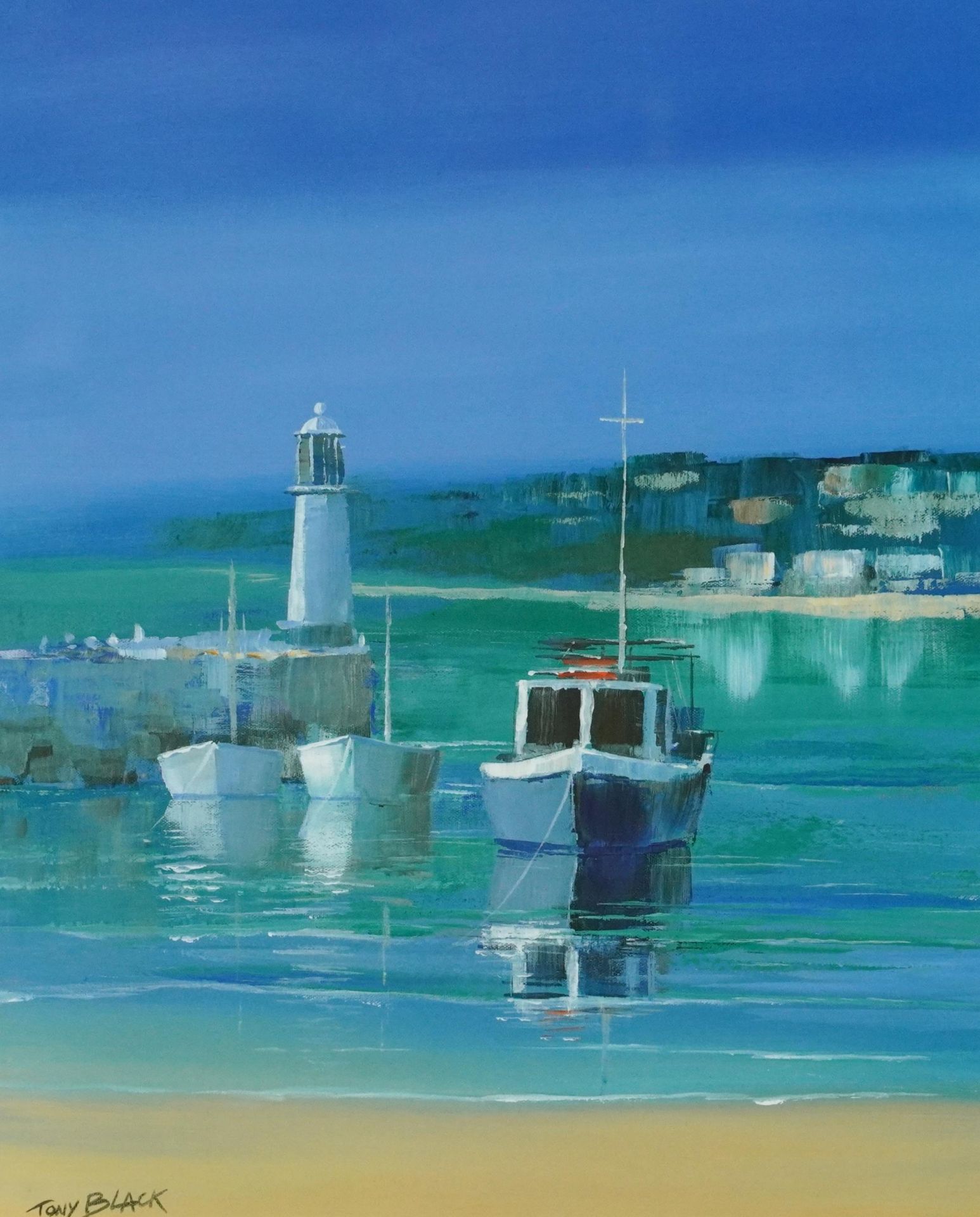 Tony Black - Moored boats before a lighthouse, signed St Ives school gouache, mounted, framed and