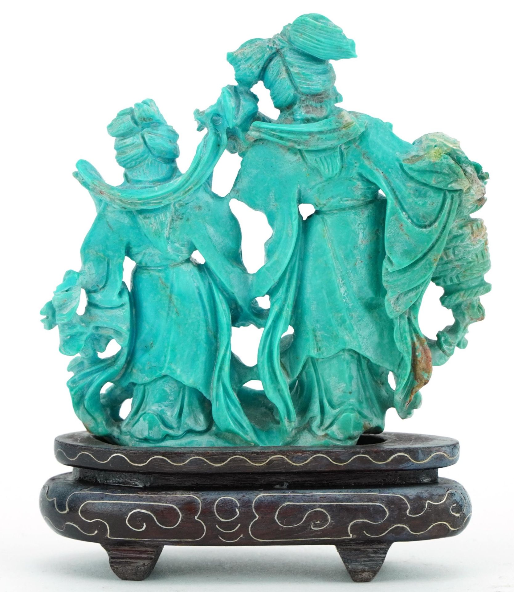 Chinese turquoise carving of two females raised on a hardwood stand with white metal inlay, 11cm - Bild 2 aus 3