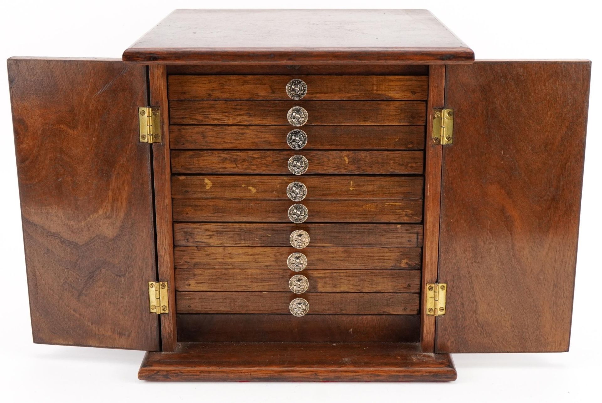 Oak table top ten drawer collector's chest, 25cm H x 24cm W x 25cm D