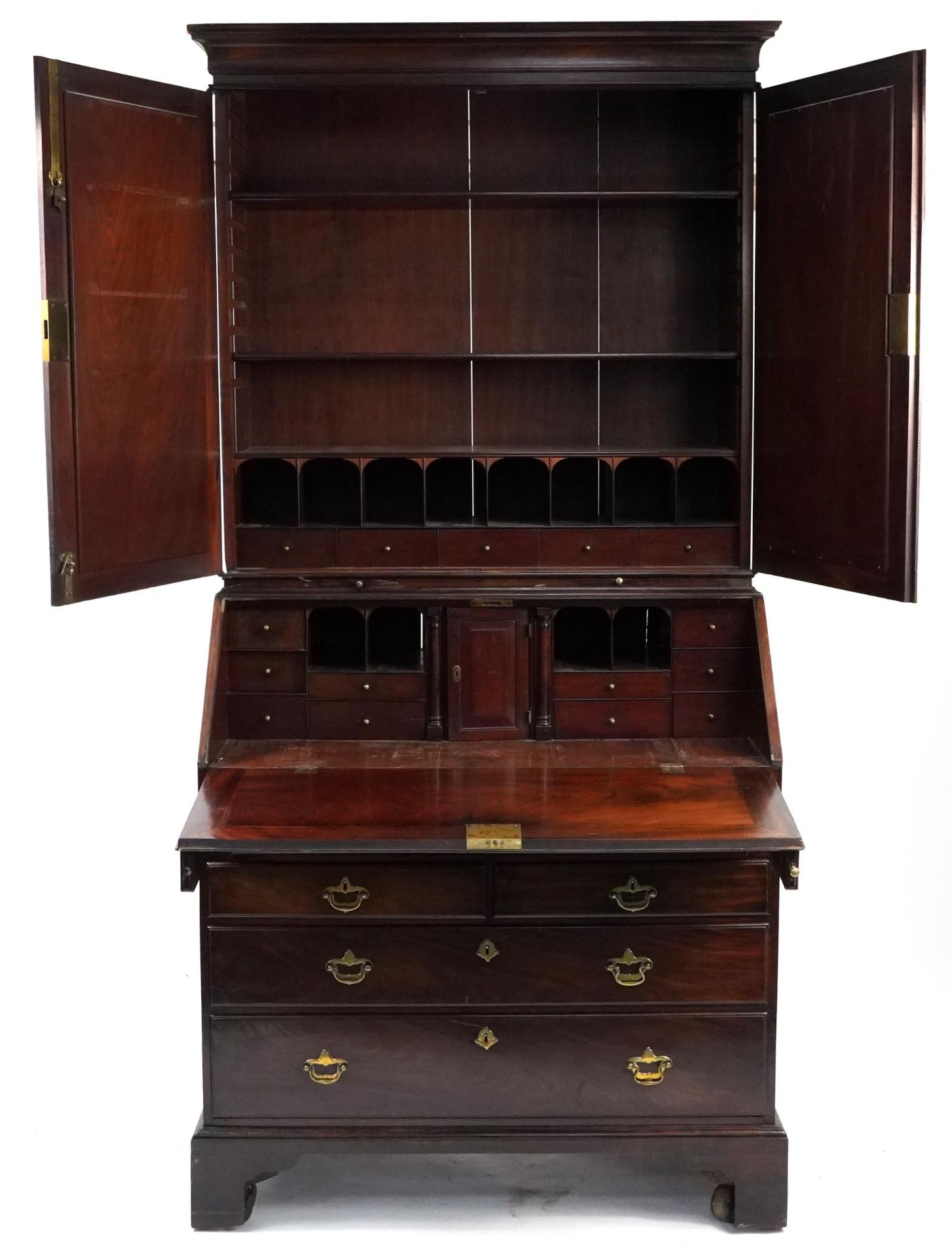 Antique hardwood bureau bookcase with fitted interior, possibly Chinese, 228cm H x 107cm W x 61cm D - Image 2 of 4