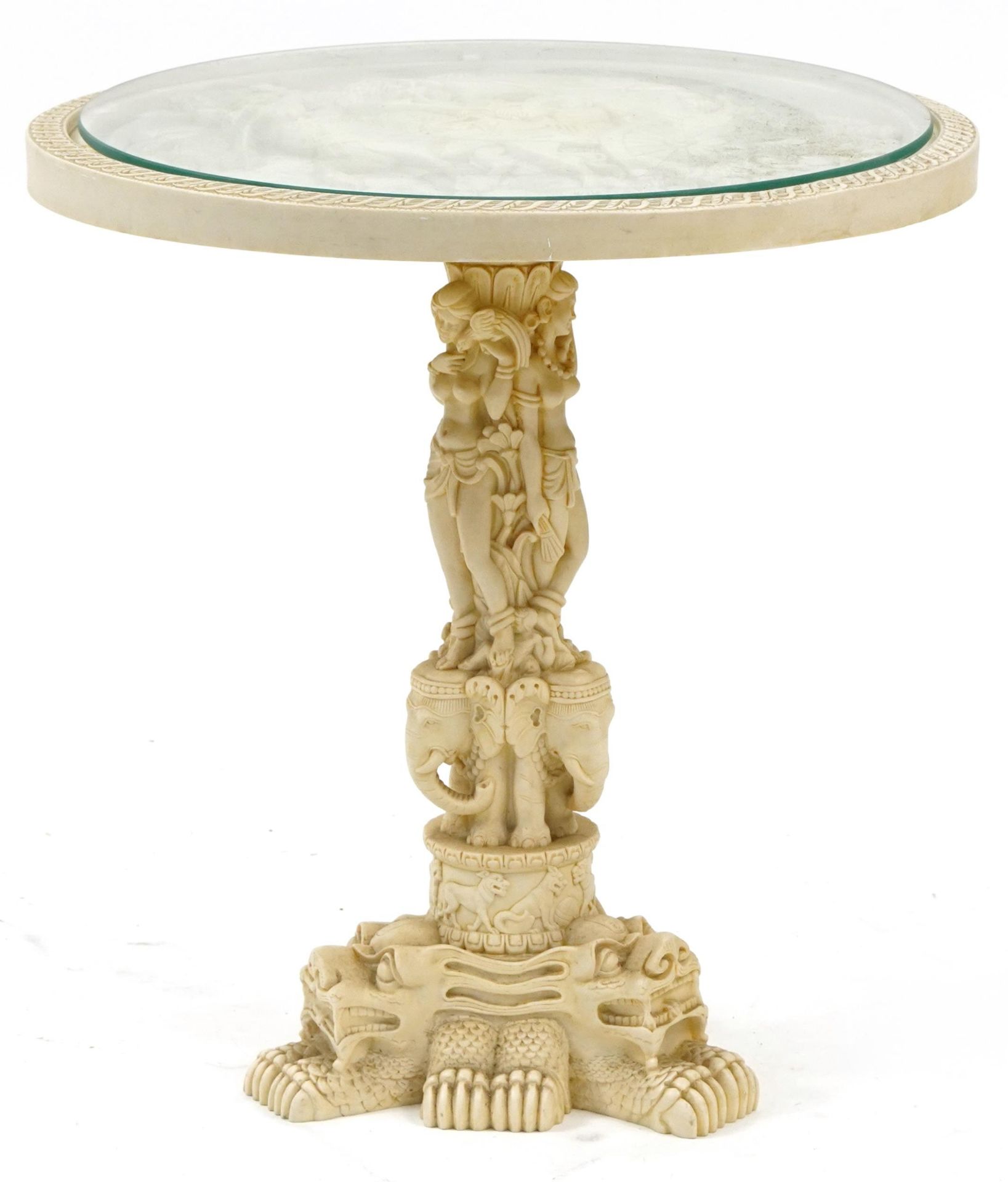 Chinese occasional table, the top depicting figures in a horse drawn cart, 48cm high x 46cm in