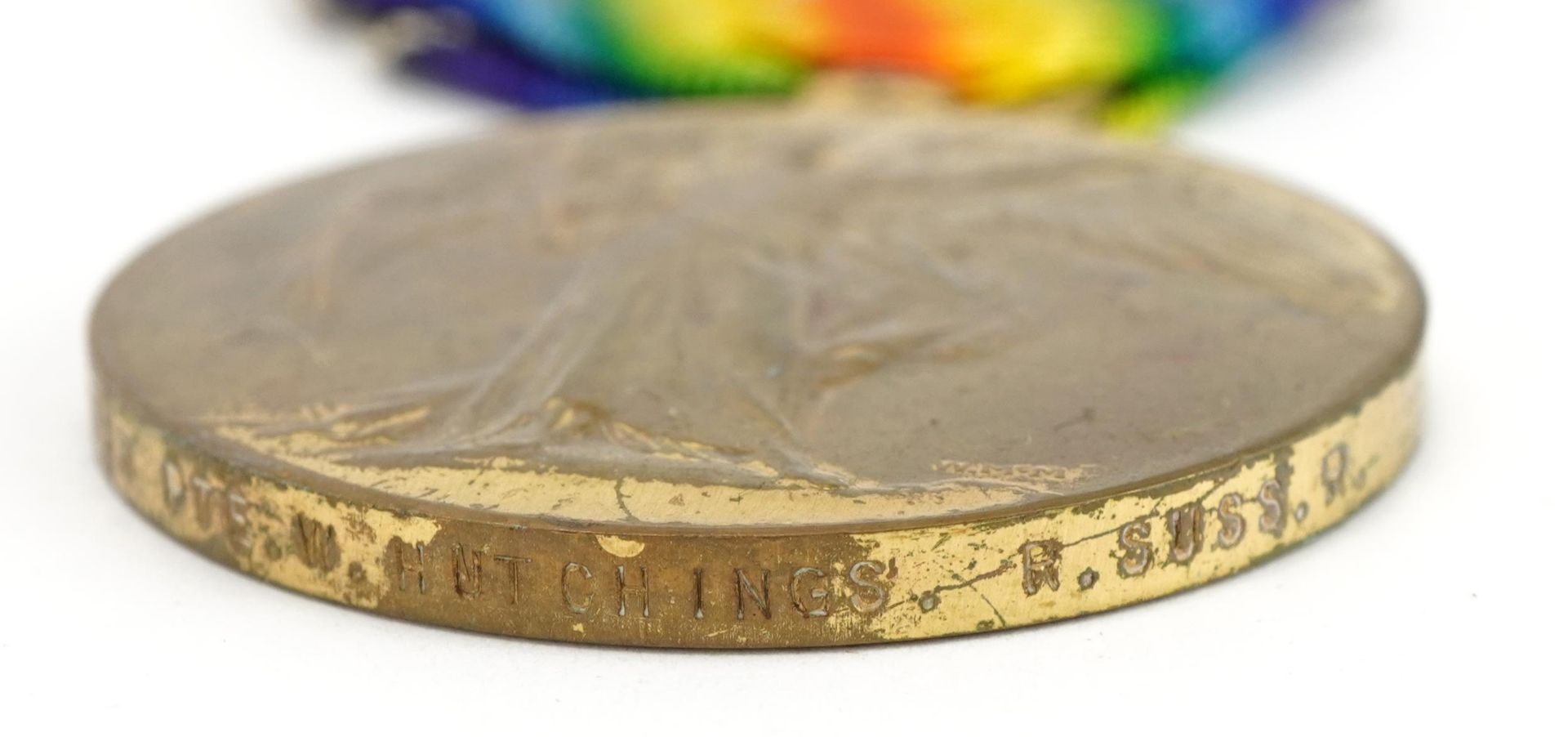 British military World War I trio and Royal Sussex Regiment cap badge, the trio awarded to 5423PTE. - Image 6 of 6