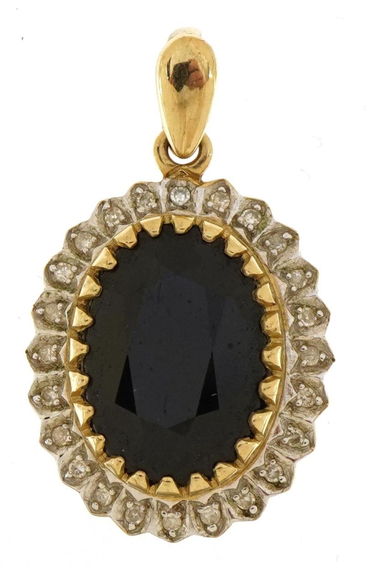 9ct gold sapphire and diamond cluster pendant, the sapphire approximately 13.3mm x 9.5mm, 2.8cm