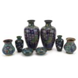 Three pairs of Japanese cloisonne vases and a pair of cloisonne boxes with covers, each enamelled