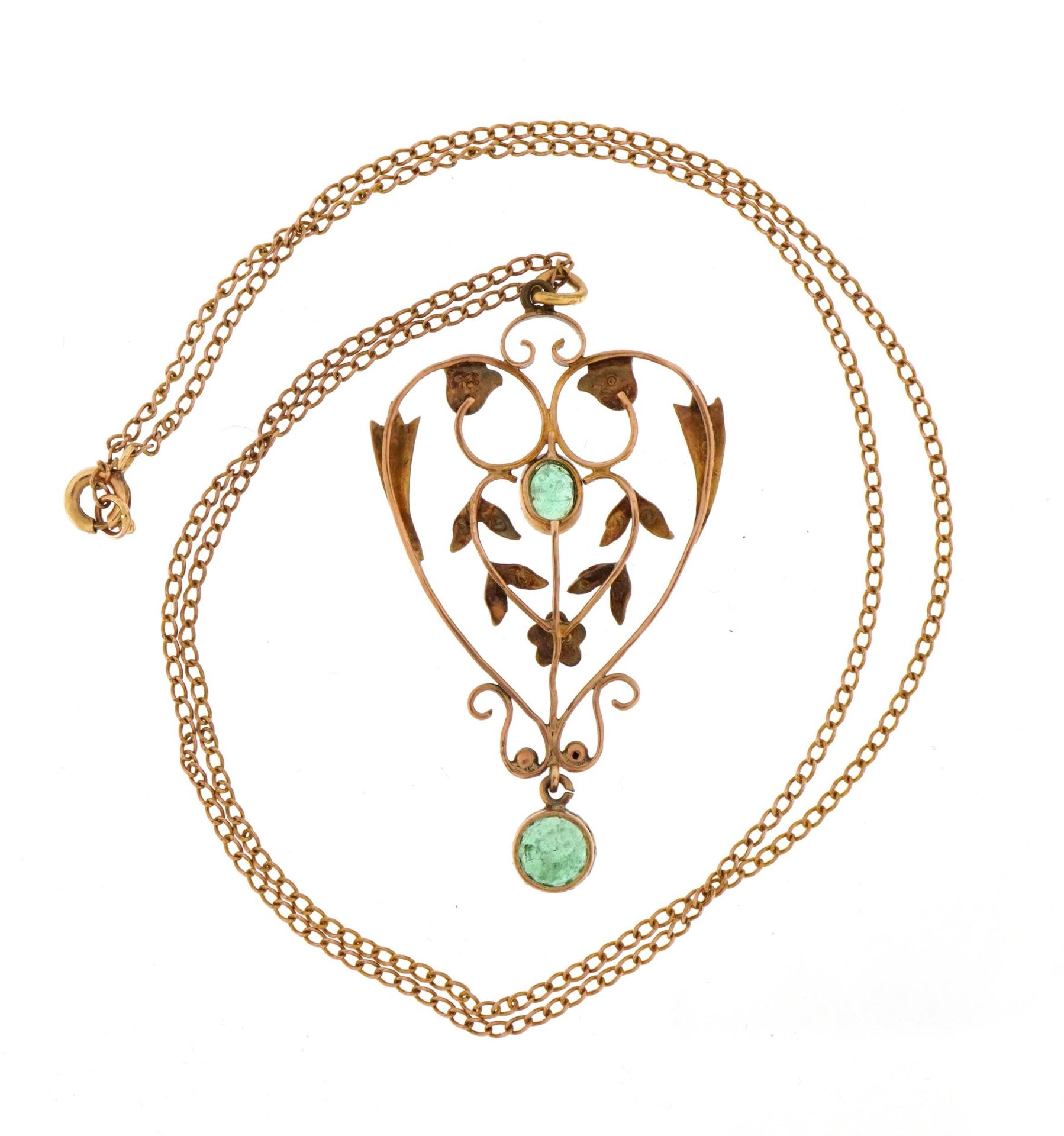 Edwardian 9ct rose gold emerald and seed pearl drop pendant on a 9ct rose gold necklace housed in - Bild 3 aus 5