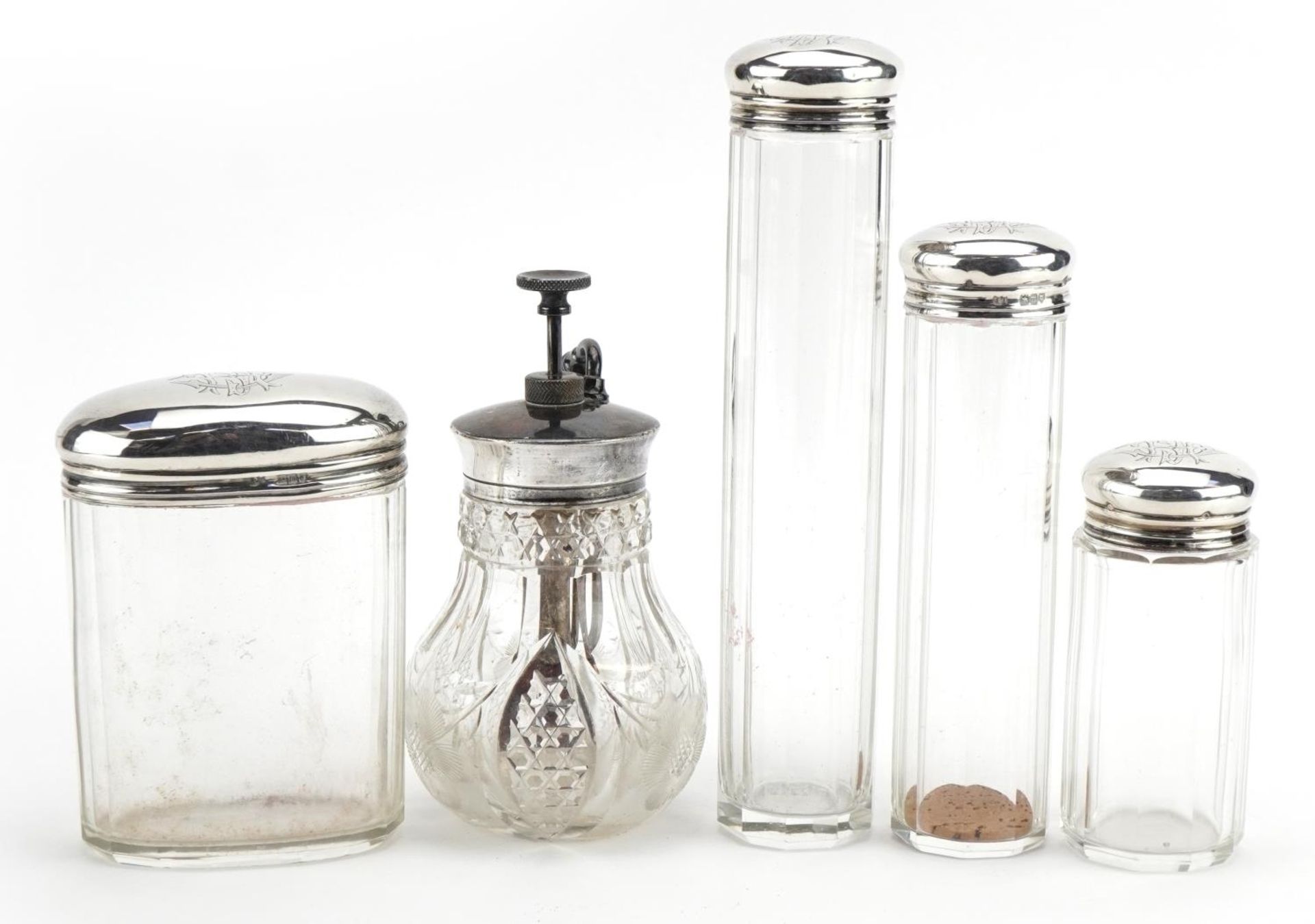 Four cut glass jars with silver lids and a Victorian cut glass atomiser with silver coloured metal - Image 3 of 5