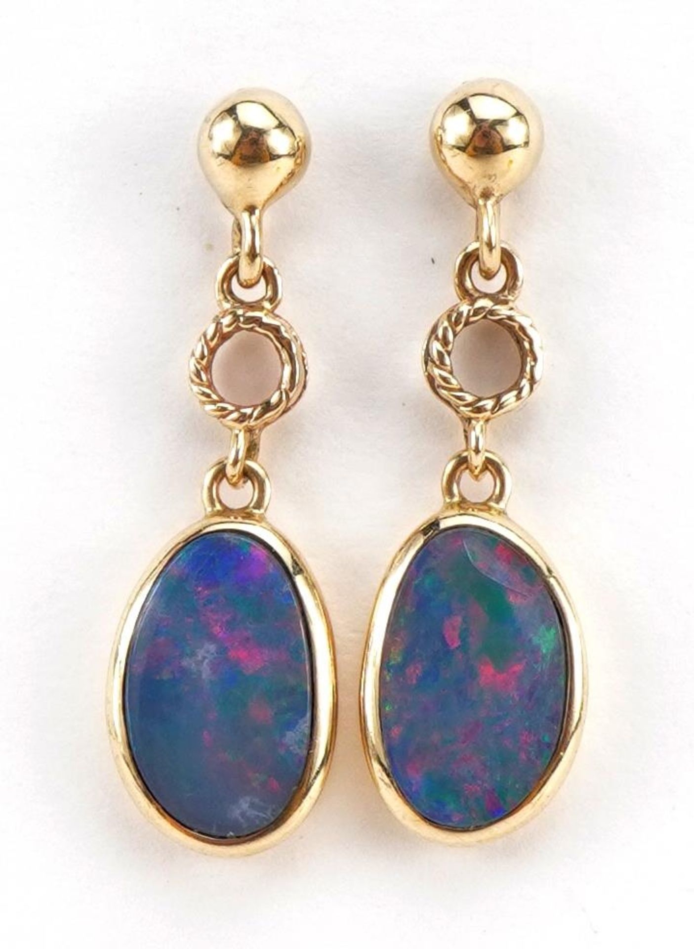 Pair of 14k gold opal drop earrings, 2.4cm high, 2.3g