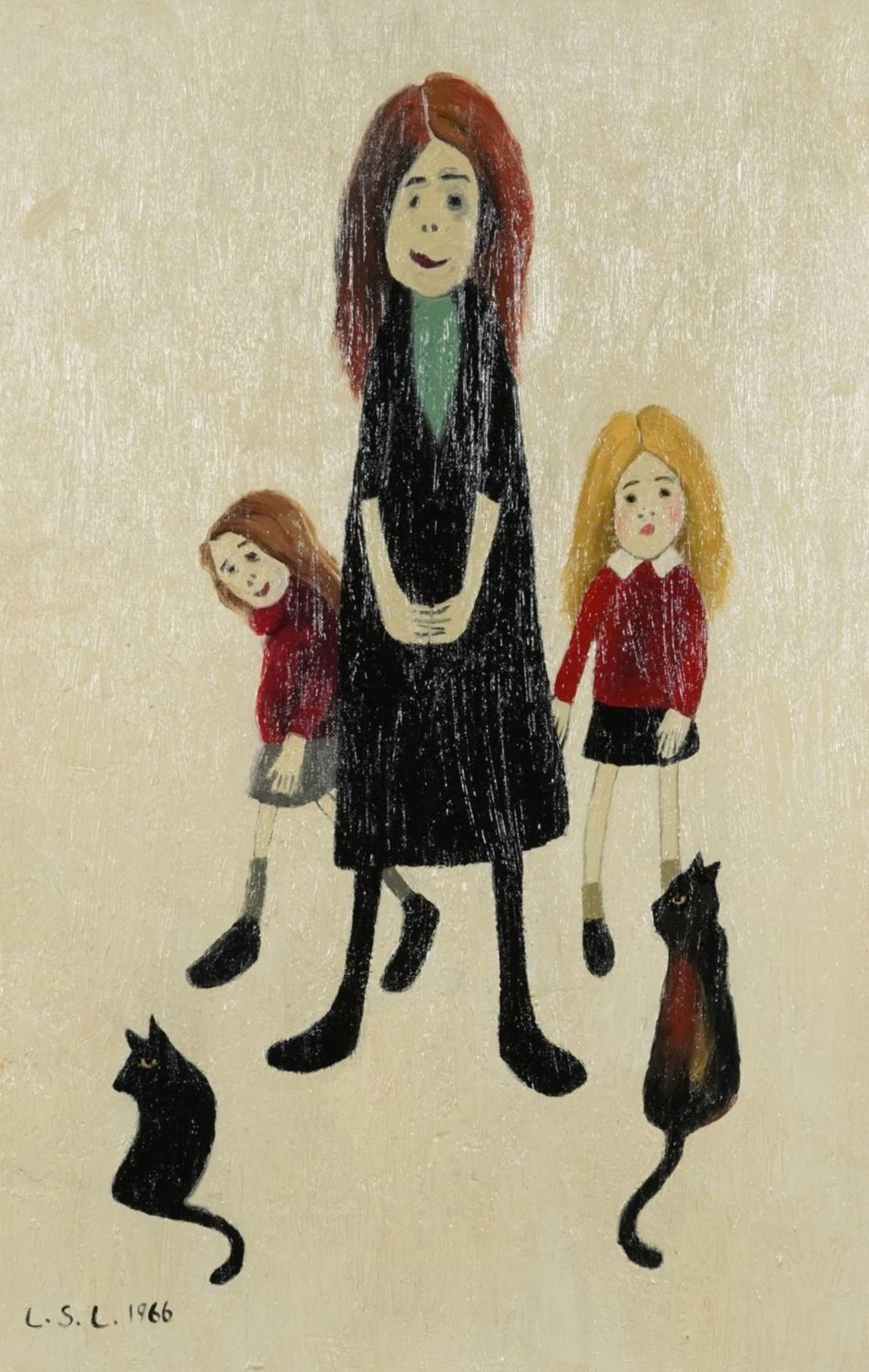 Manner of Laurence Stephen Lowry - Three figures with cats, Manchester school oil on board,