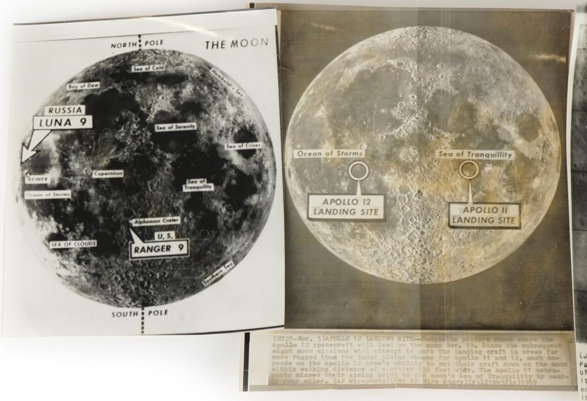 Four mid 20th century black and white press release photographs of the moon, three with paper labels - Bild 2 aus 6