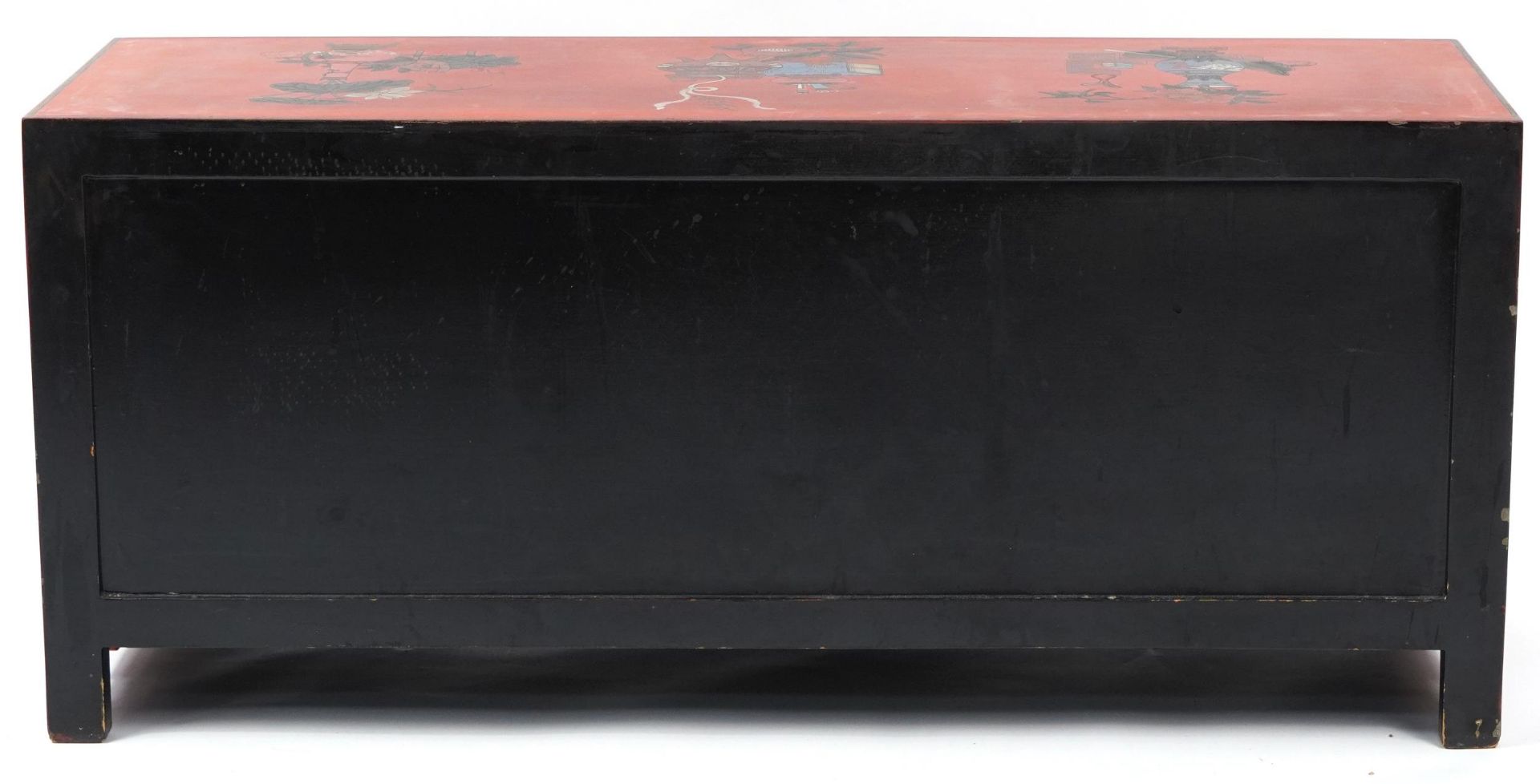 Chinese red lacquered chinoiserie side cabinet with carved hardstone handles, 49cm H x 110cm W x - Image 4 of 4