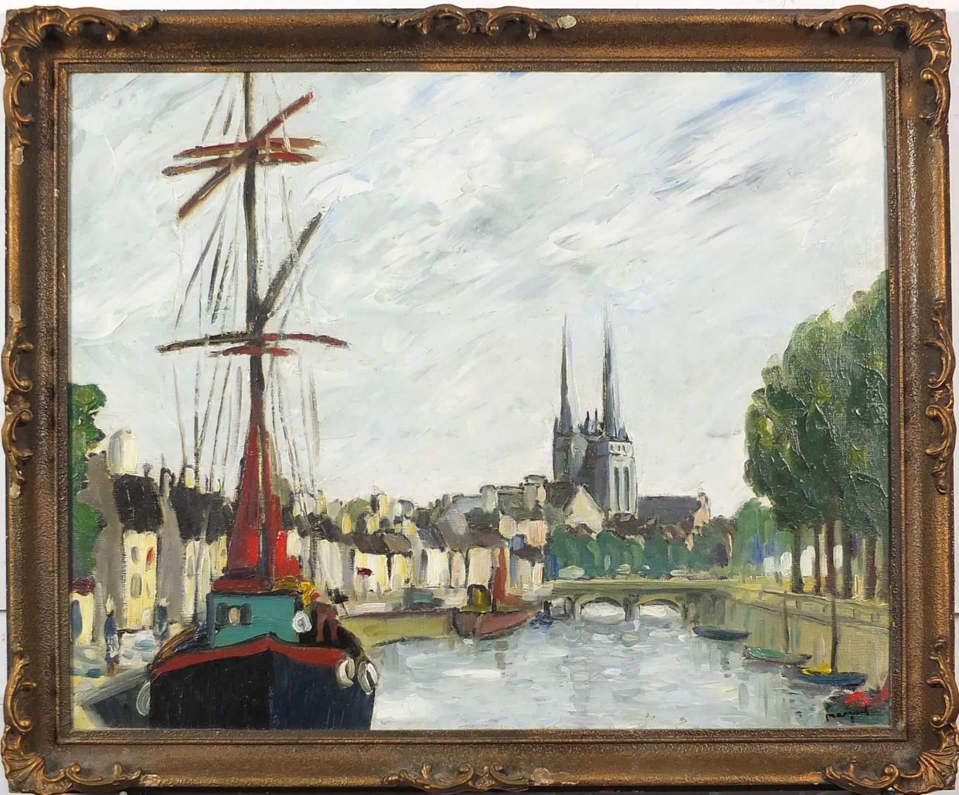 Manner of Albert Marquet - River landscape with boats before a cathedral, French Fauvist school - Image 2 of 4