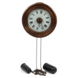 Victorian mahogany postman's wall clock with Roman numerals, 27cm in diameter