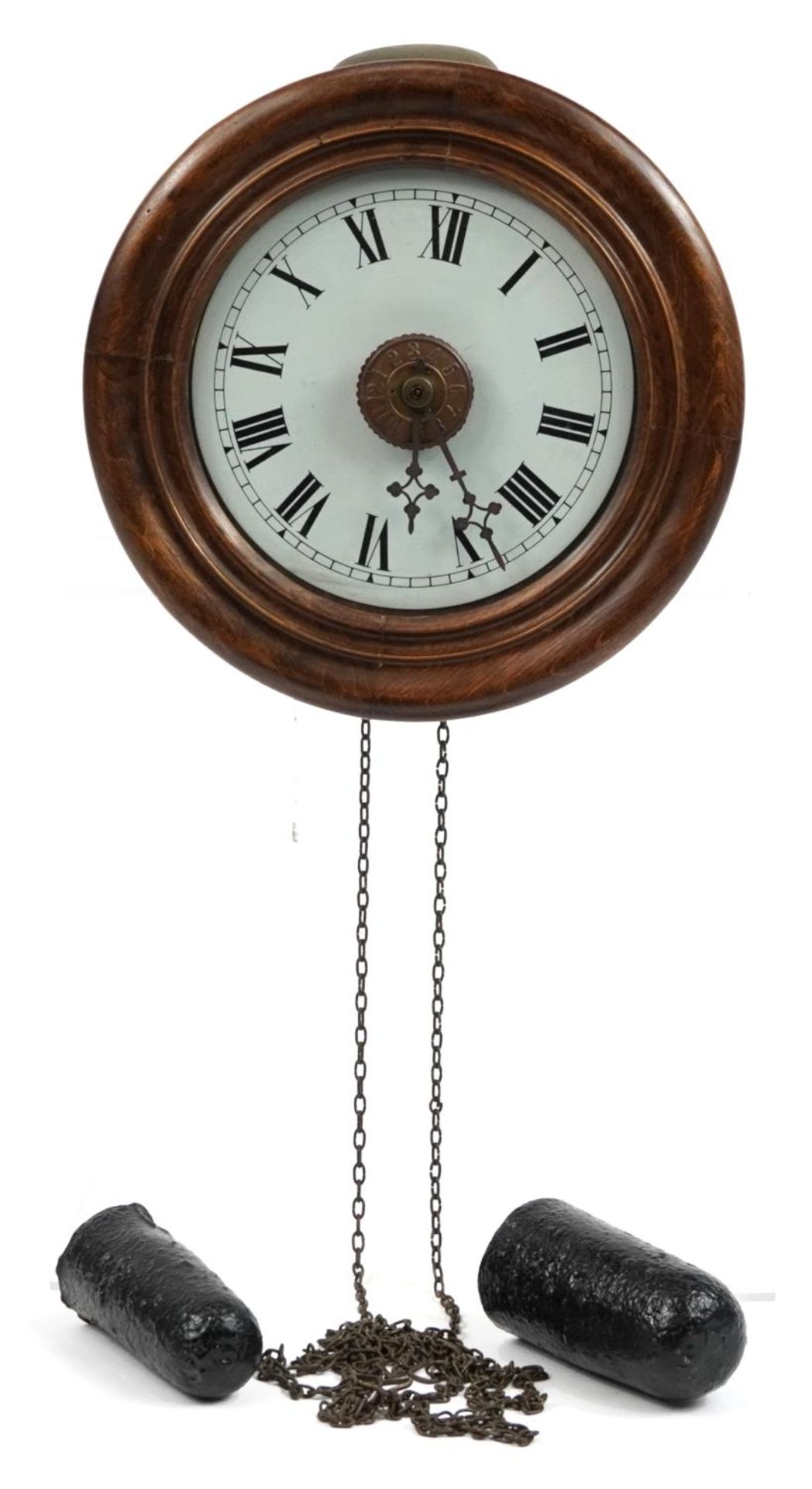 Victorian mahogany postman's wall clock with Roman numerals, 27cm in diameter