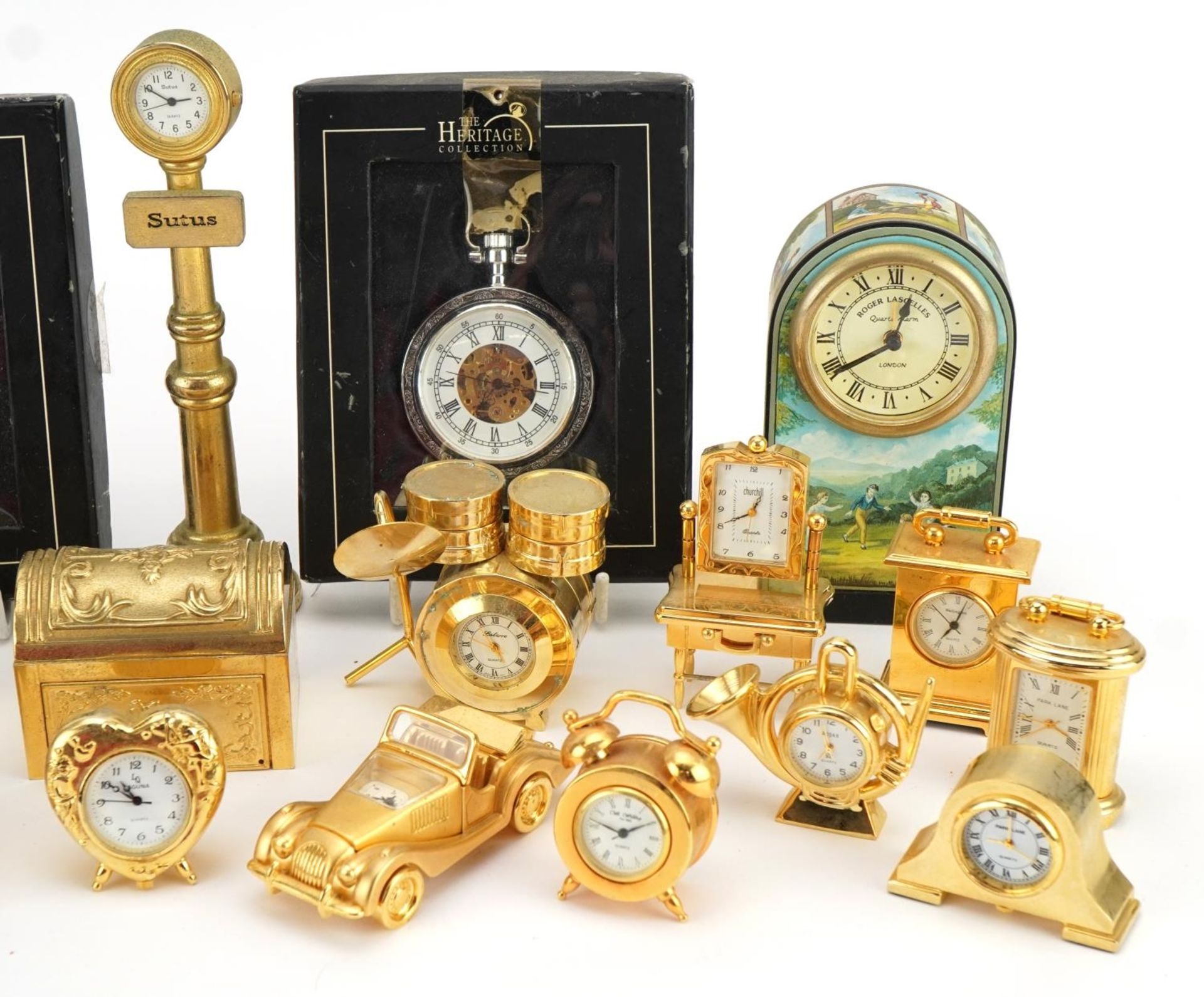 Collection of miniature novelty brass clocks and pocket watches including drum kit, piano and - Image 3 of 3
