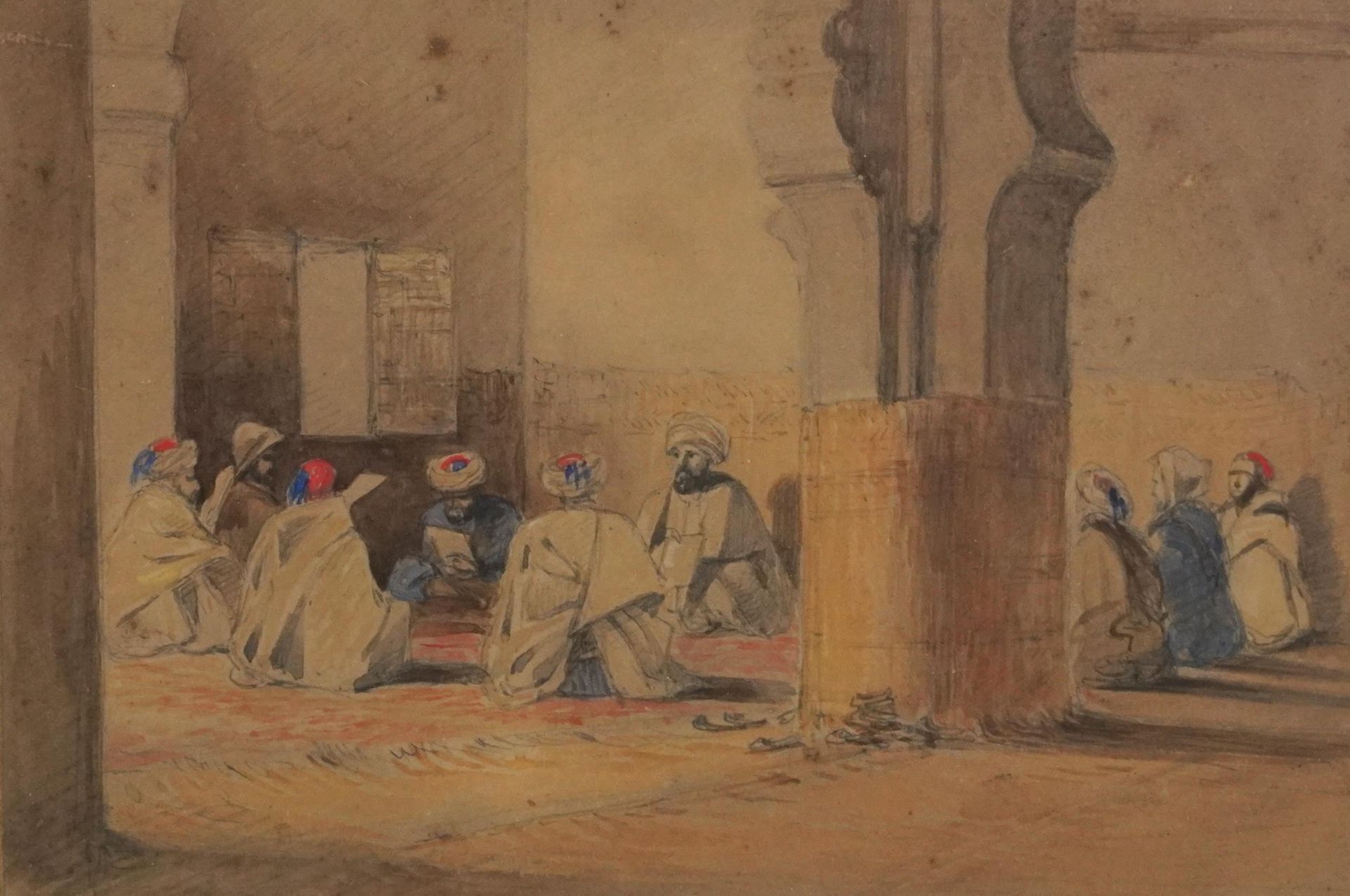 Arabs praying in an interior, Middle Eastern school watercolour, indistinctly inscribed in pencil to