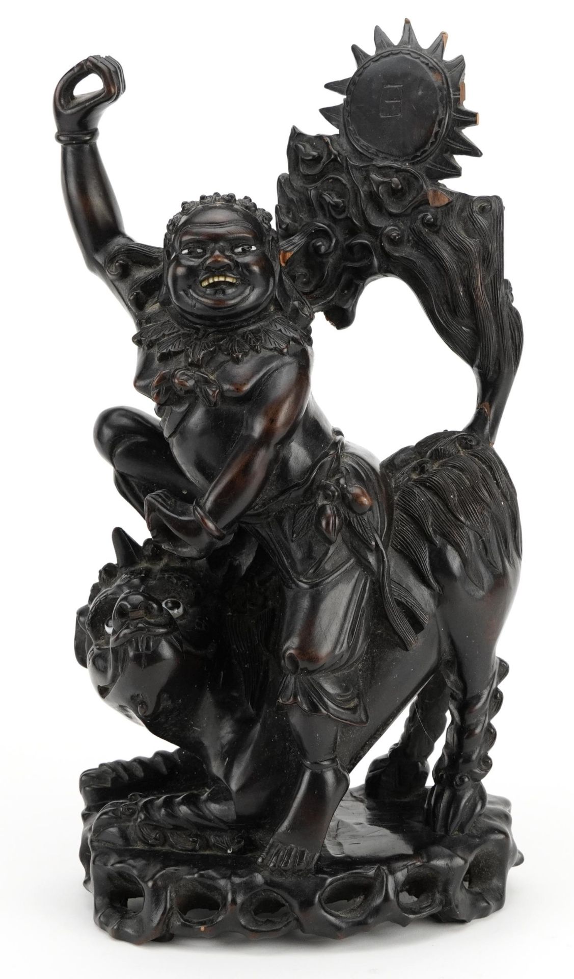 Chinese root carving of a mythical figure and animal, 39cm high