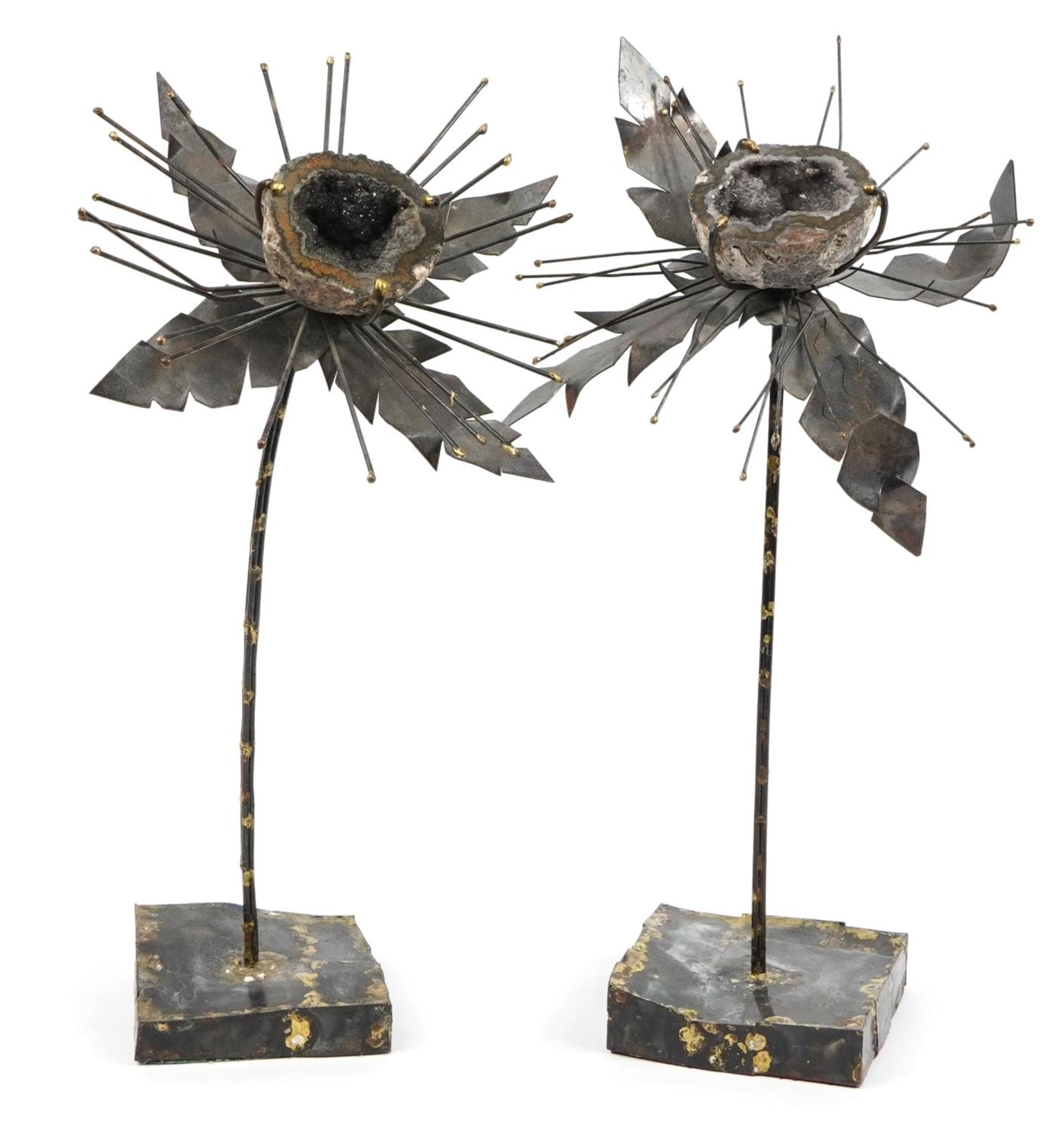 Pair of Modernist bronzed and amethyst geode flower sculptures, 46cm high