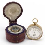 19th century leather cased weather station comprising gilt brass compensated pocket barometer with
