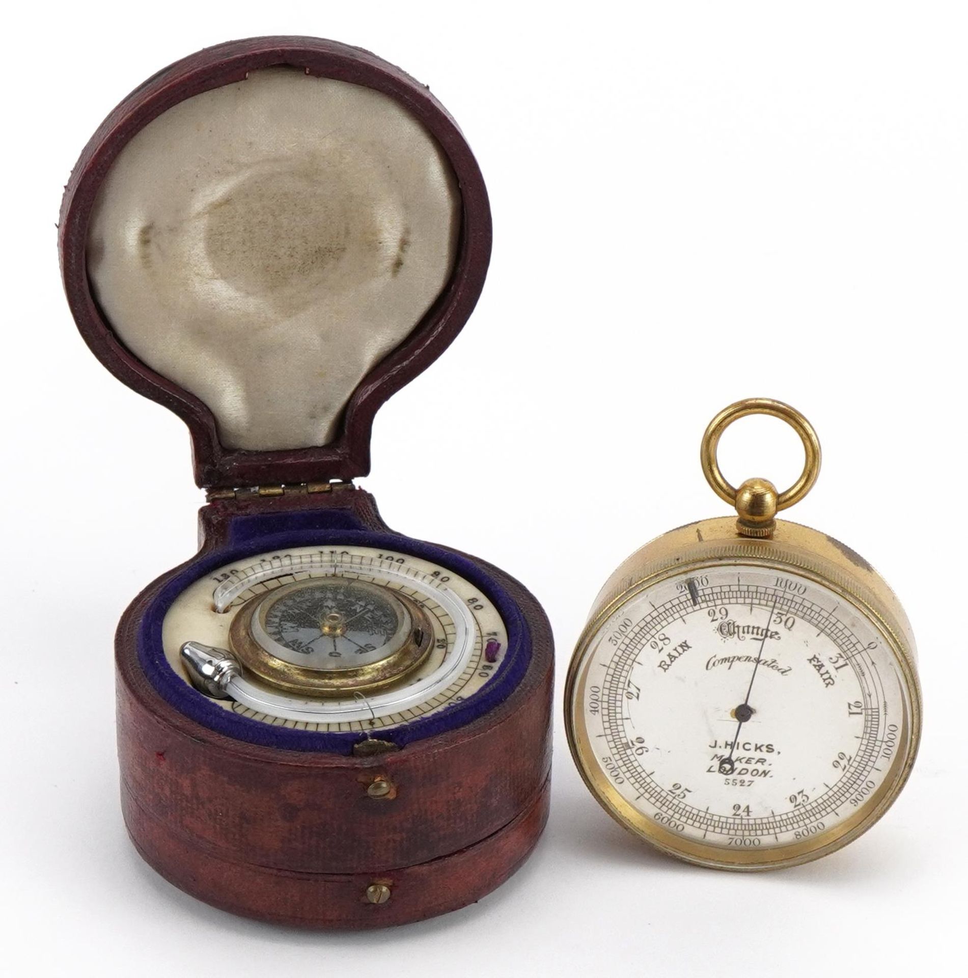 19th century leather cased weather station comprising gilt brass compensated pocket barometer with