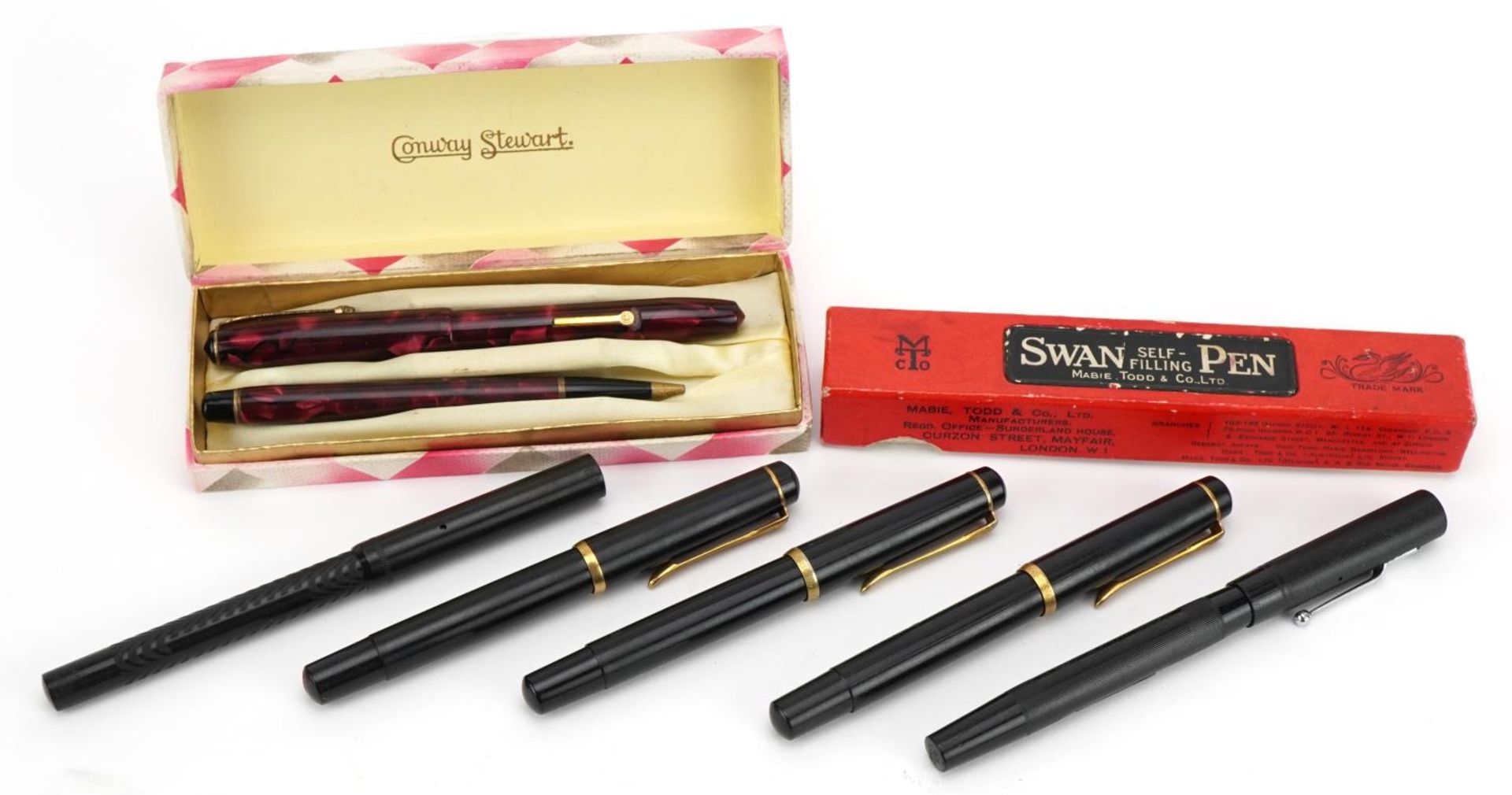 Vintage fountain pens and ballpoint pens including Swan Minor, Blackbird Fountpen and Conway Stewart