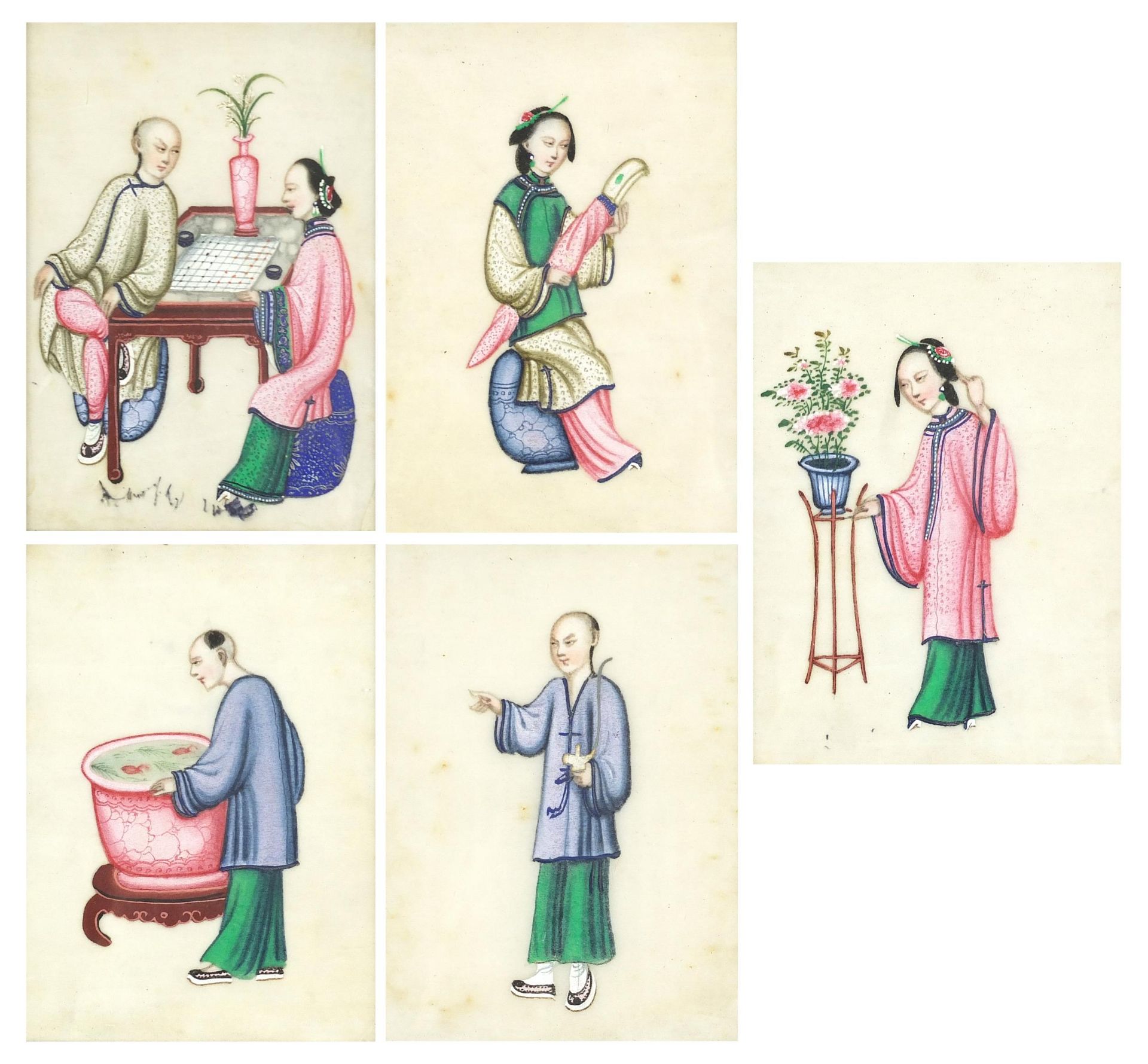 Empresses and attendants, set of five Chinese watercolours on pith paper, framed and glazed, each