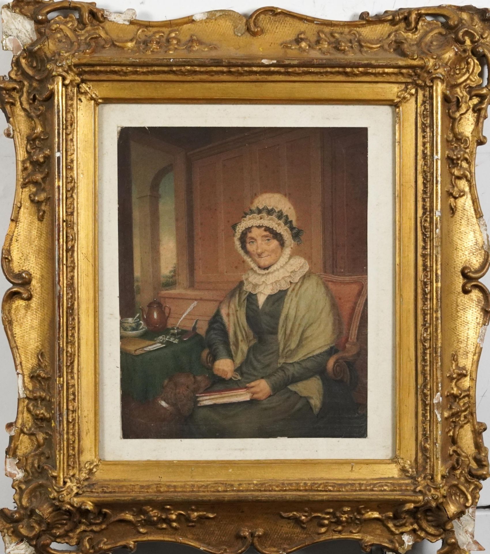 Portrait of a seated lady wearing a bonnet, 19th century heightened watercolour, mounted, framed and - Bild 2 aus 3