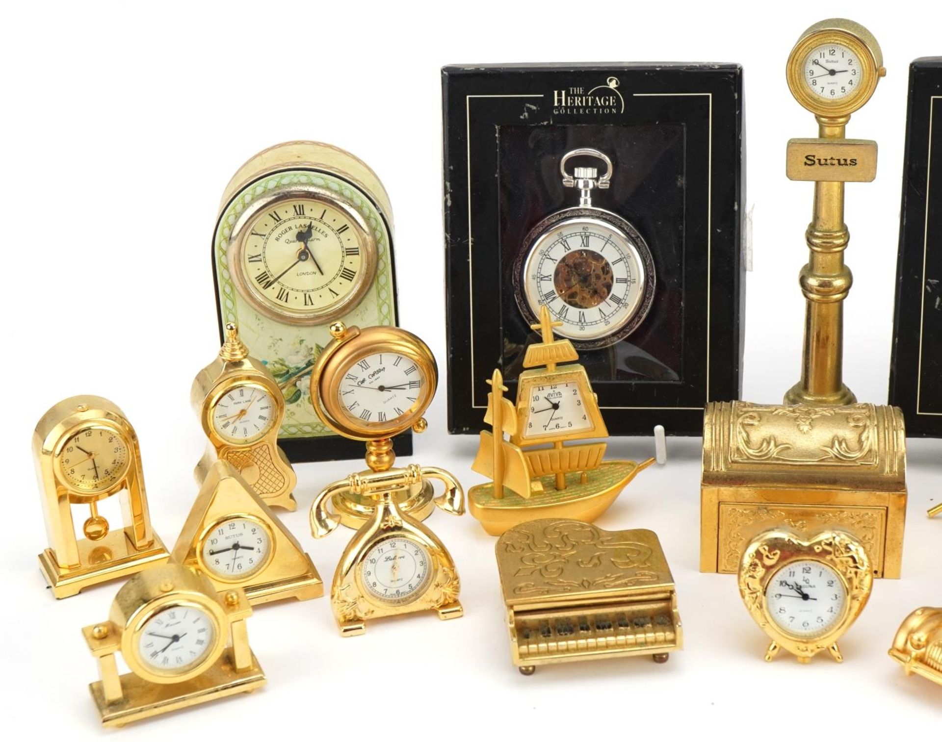 Collection of miniature novelty brass clocks and pocket watches including drum kit, piano and - Image 2 of 3