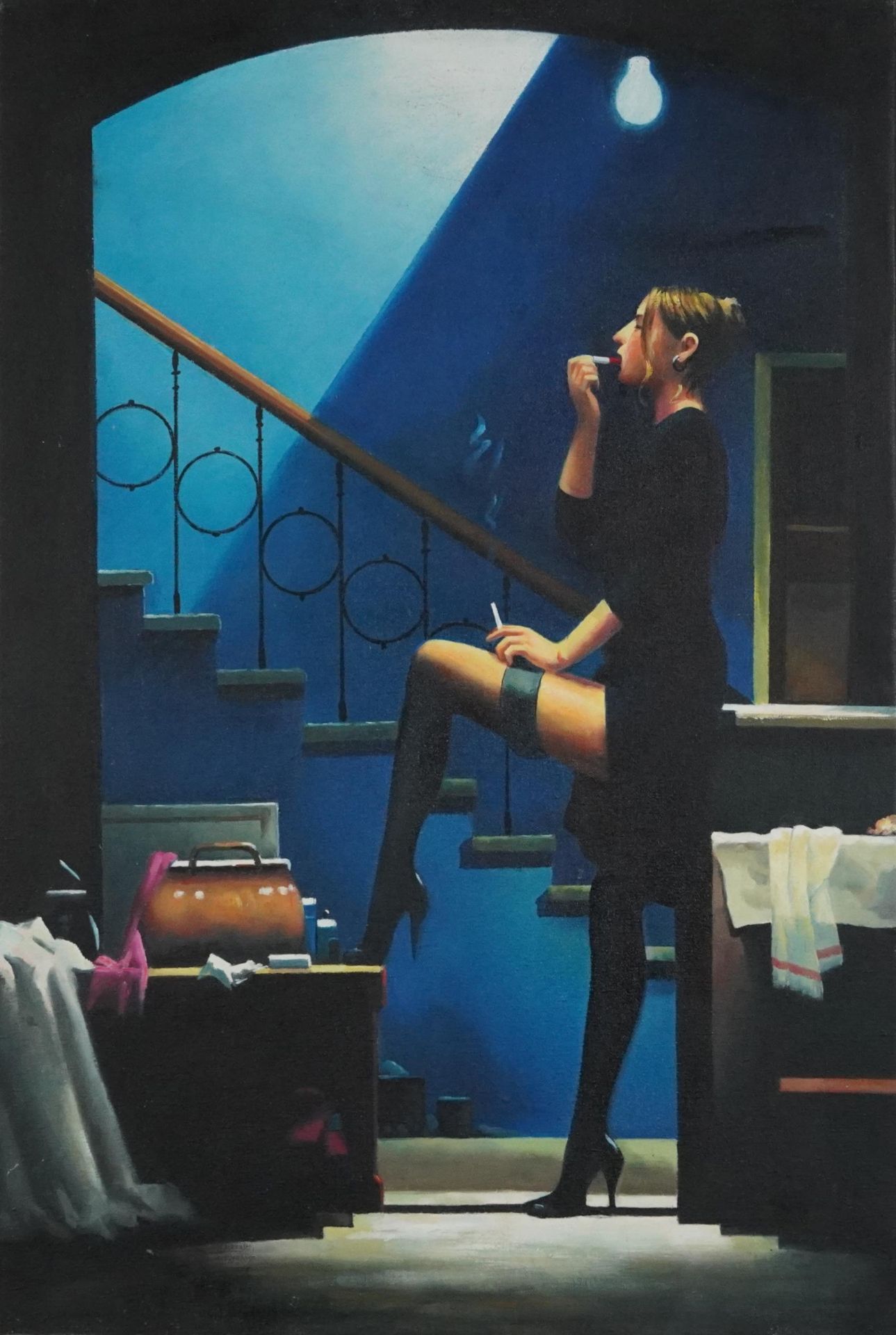 Manner of Jack Vettriano - Two figures and female smoking before a staircase, two oil on - Bild 2 aus 6