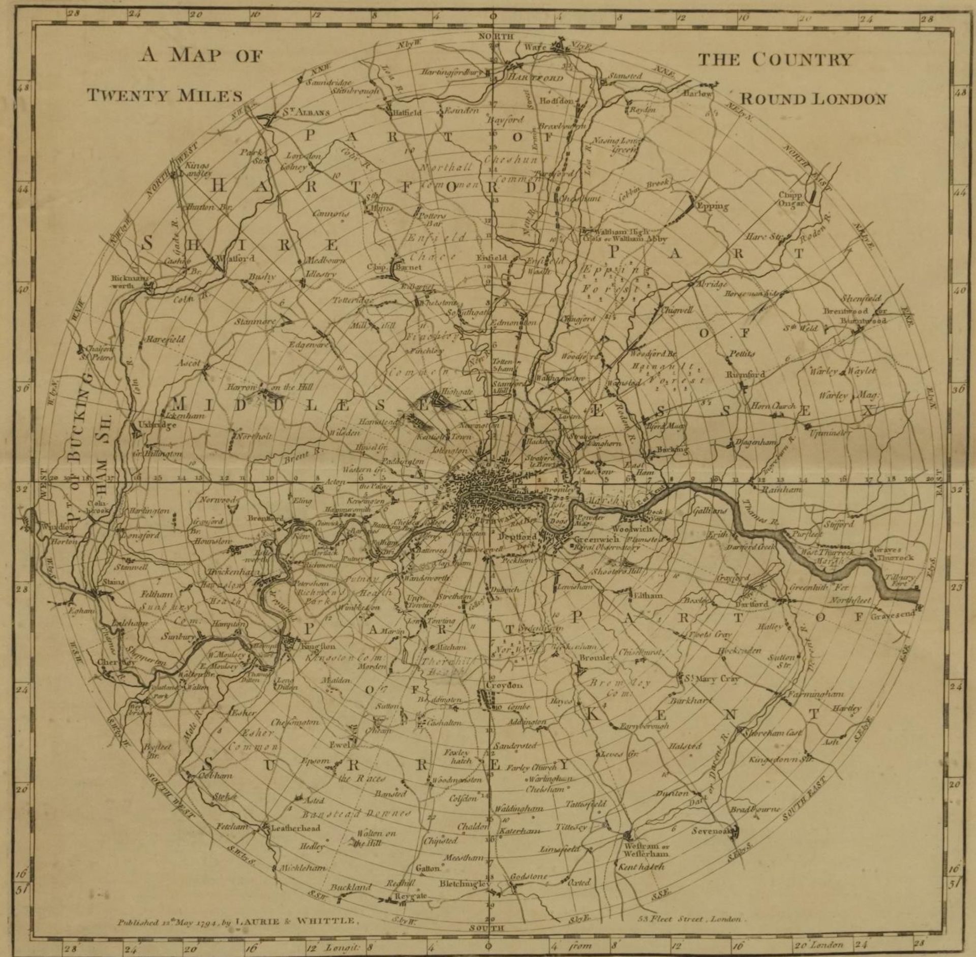 Map of the Country Twenty Miles Round London, late 18th century map published 12th May 1794 by