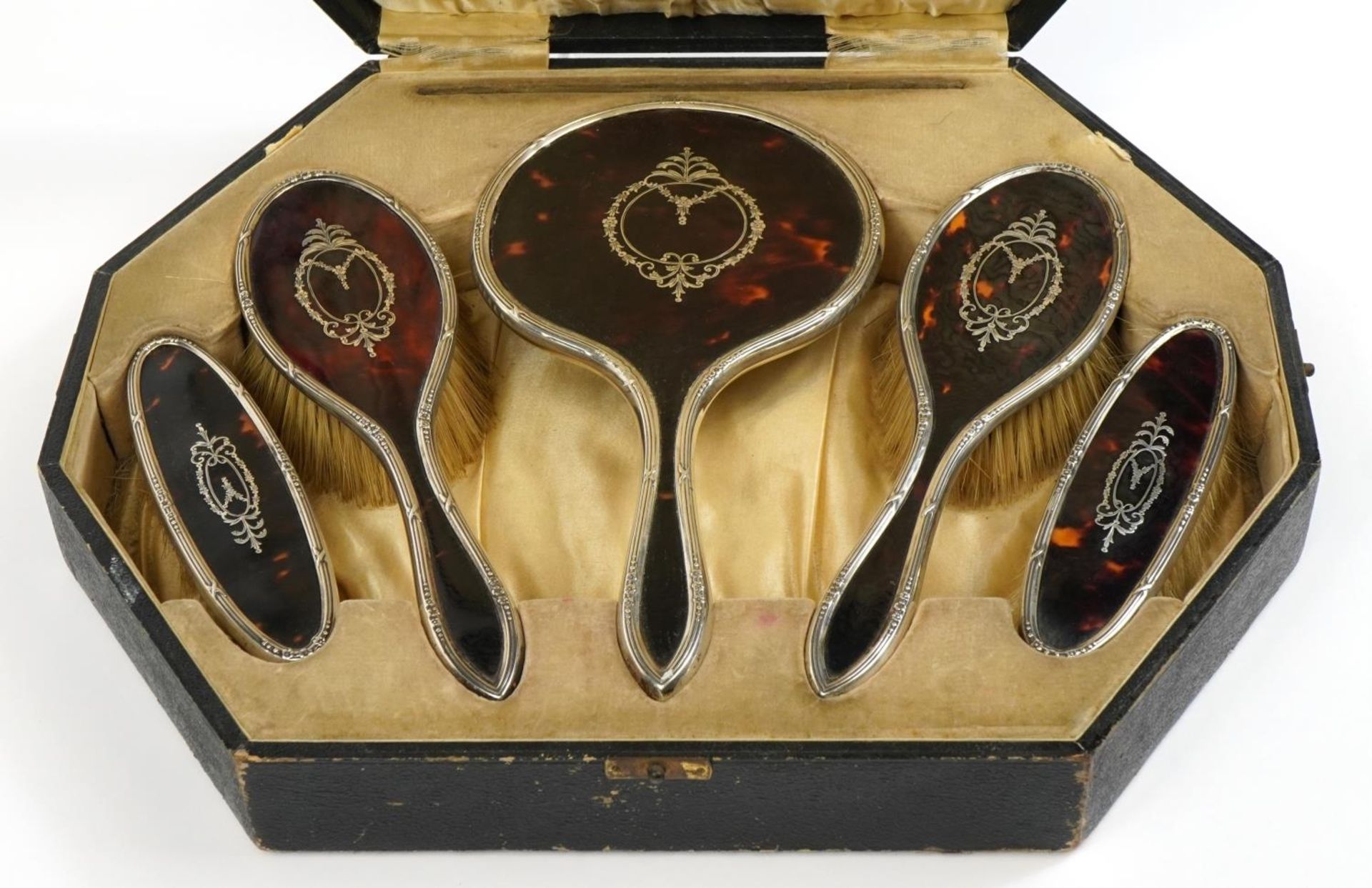 Hasset & Harper Ltd, George V silver and tortoiseshell pique work five piece dressing table set - Image 2 of 4