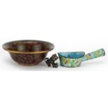 Chinese cloisonne and enamel including a Foo dog with articulated head and bowl enamelled with