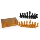 Manner of Jaques, boxwood and ebonised Staunton pattern chess set with velvet lined box, the largest