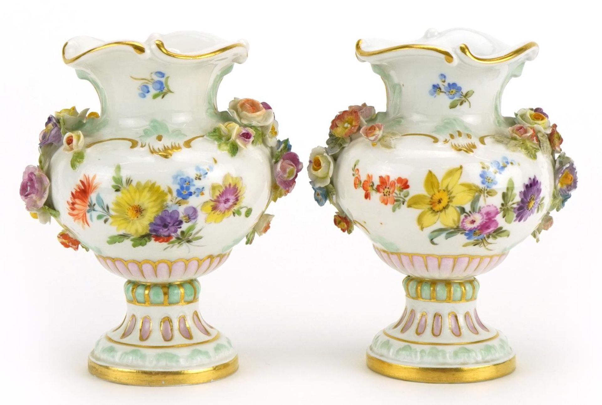 Meissen, pair of German floral encrusted porcelain vases hand painted with flowers, blue crossed - Bild 2 aus 4