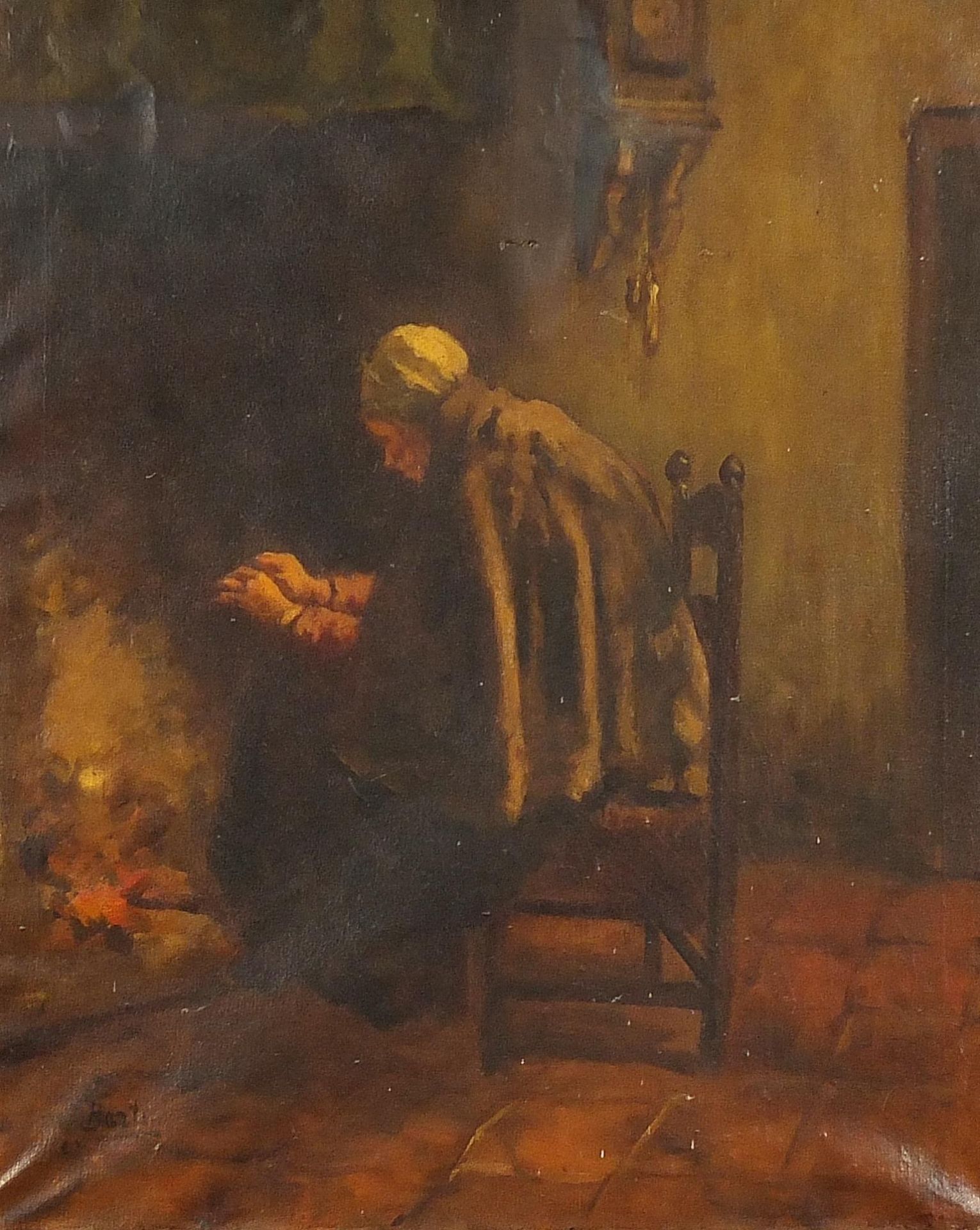 Female beside a fire and gentleman smoking a pipe, pair of Dutch school oil on canvasses, each - Image 6 of 9