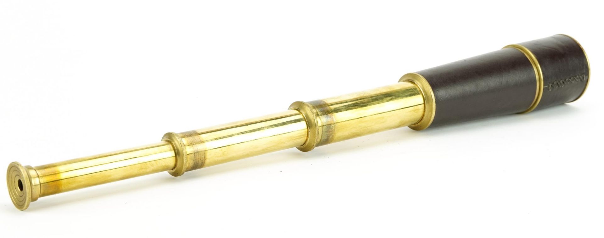 Naval interest leather bound brass three draw telescope, 46cm in length when extended - Bild 2 aus 2