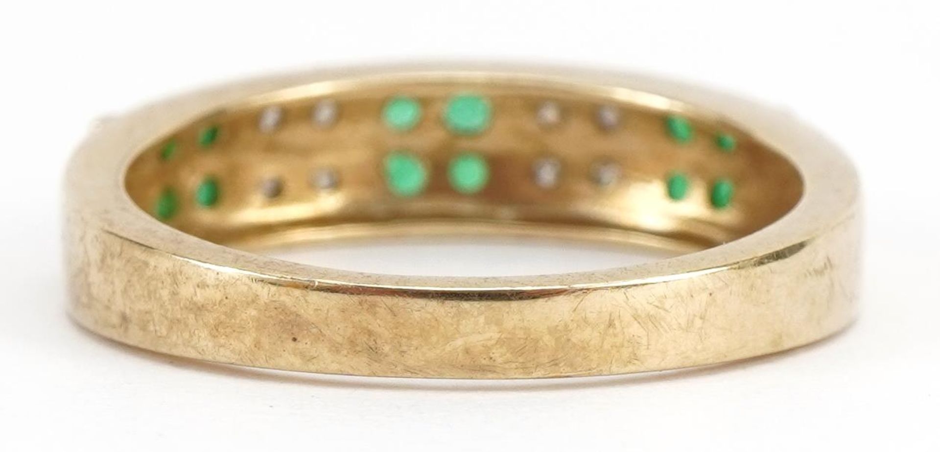 9ct gold emerald and diamond half eternity ring, size P, 3.2g - Image 2 of 3