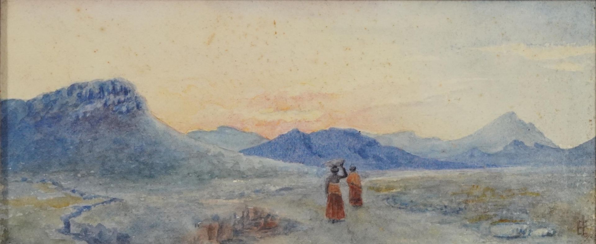 Two females wearing traditional dress before a mountainous landscape, African school watercolour,