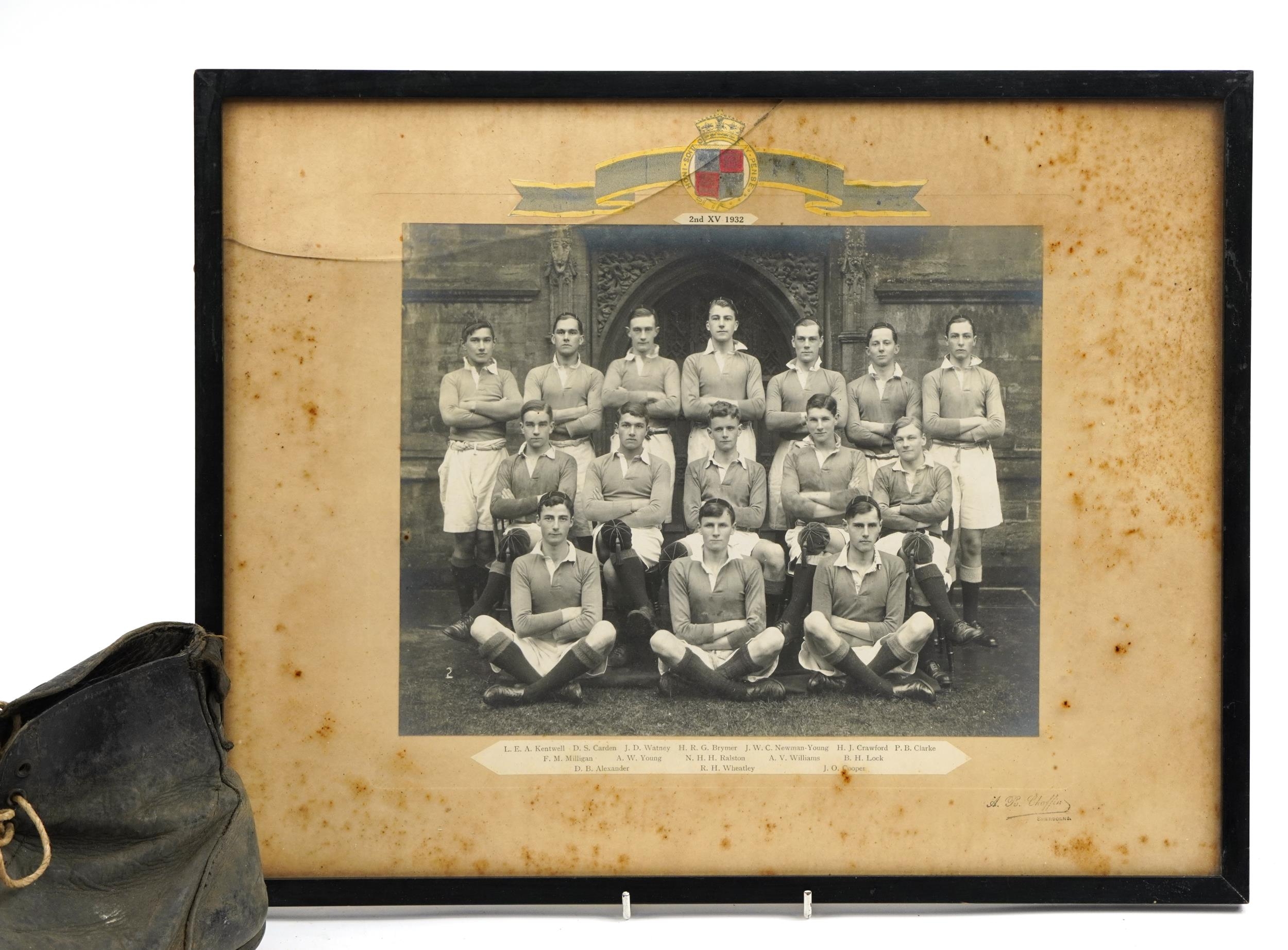 20th century black and white photograph of a Rugby team with Honi-Soinoy-Pense crest to the mount, d - Image 3 of 5