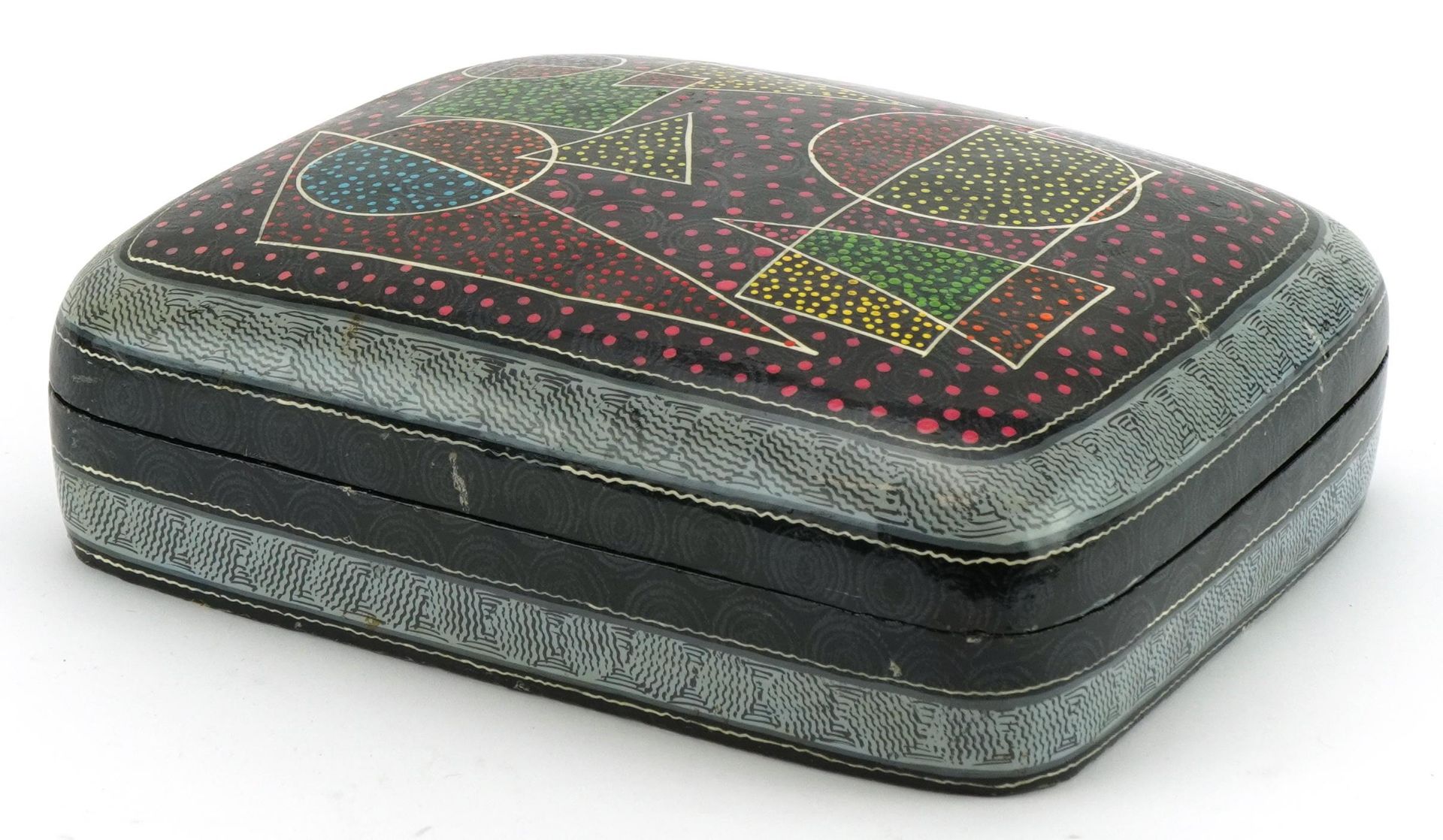 Vintage papier mache box and cover hand painted with abstract design, 7cm H x 23cm W x 19cm D - Bild 3 aus 5