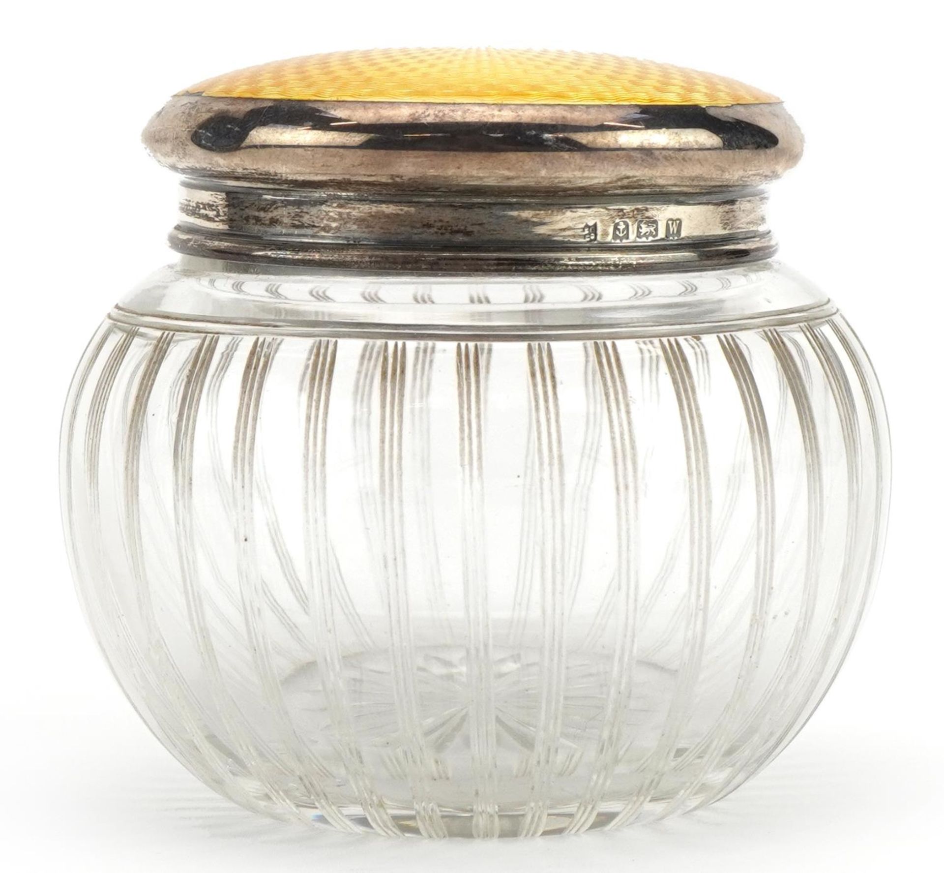 George V globular cut glass jar with silver and guilloche enamel lid, indistinct maker's mark - Image 2 of 5