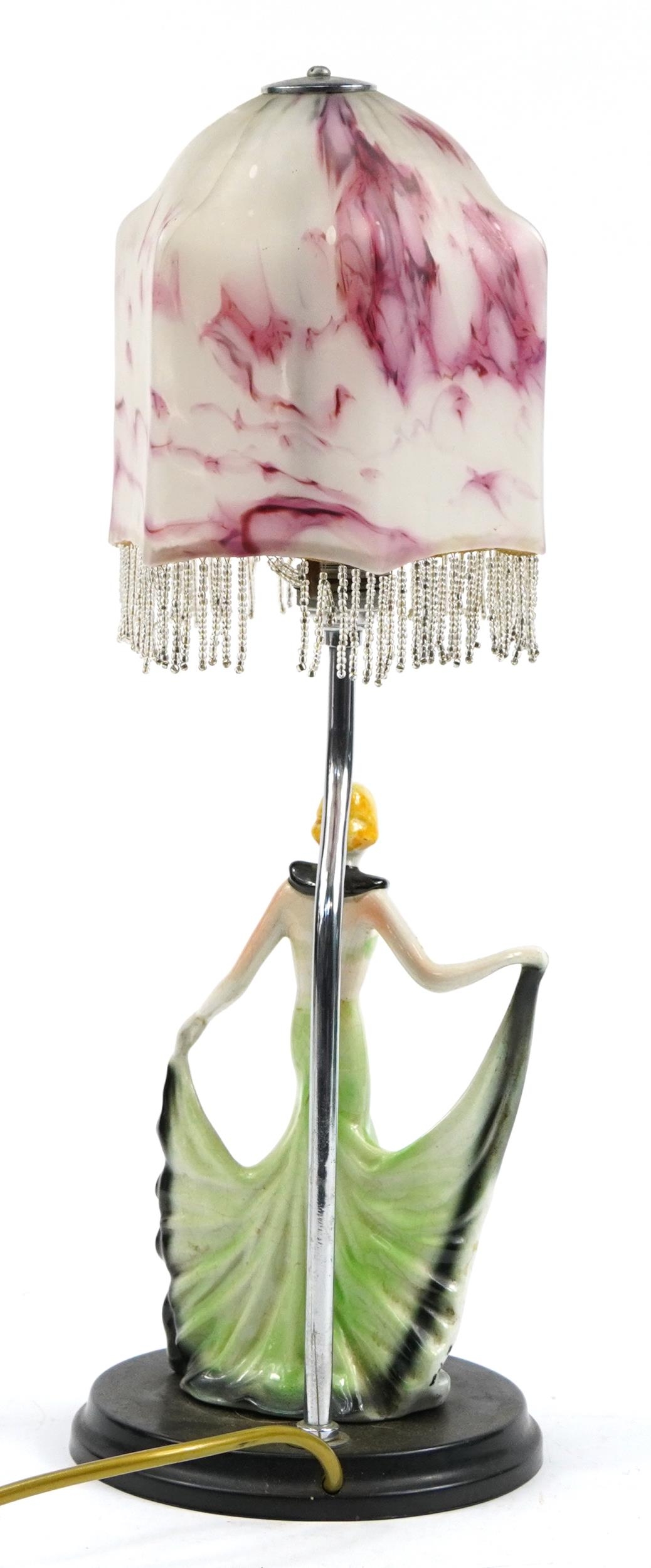 Art Deco porcelain female dancer table lamp with pink and white mottled glass shade, 48cm high - Image 2 of 3