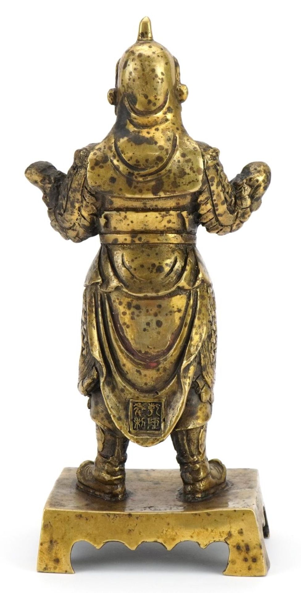 Chino Tibetan patinated bronze figure of a warrior, impressed character marks to the reverse, 23.5cm - Image 2 of 4