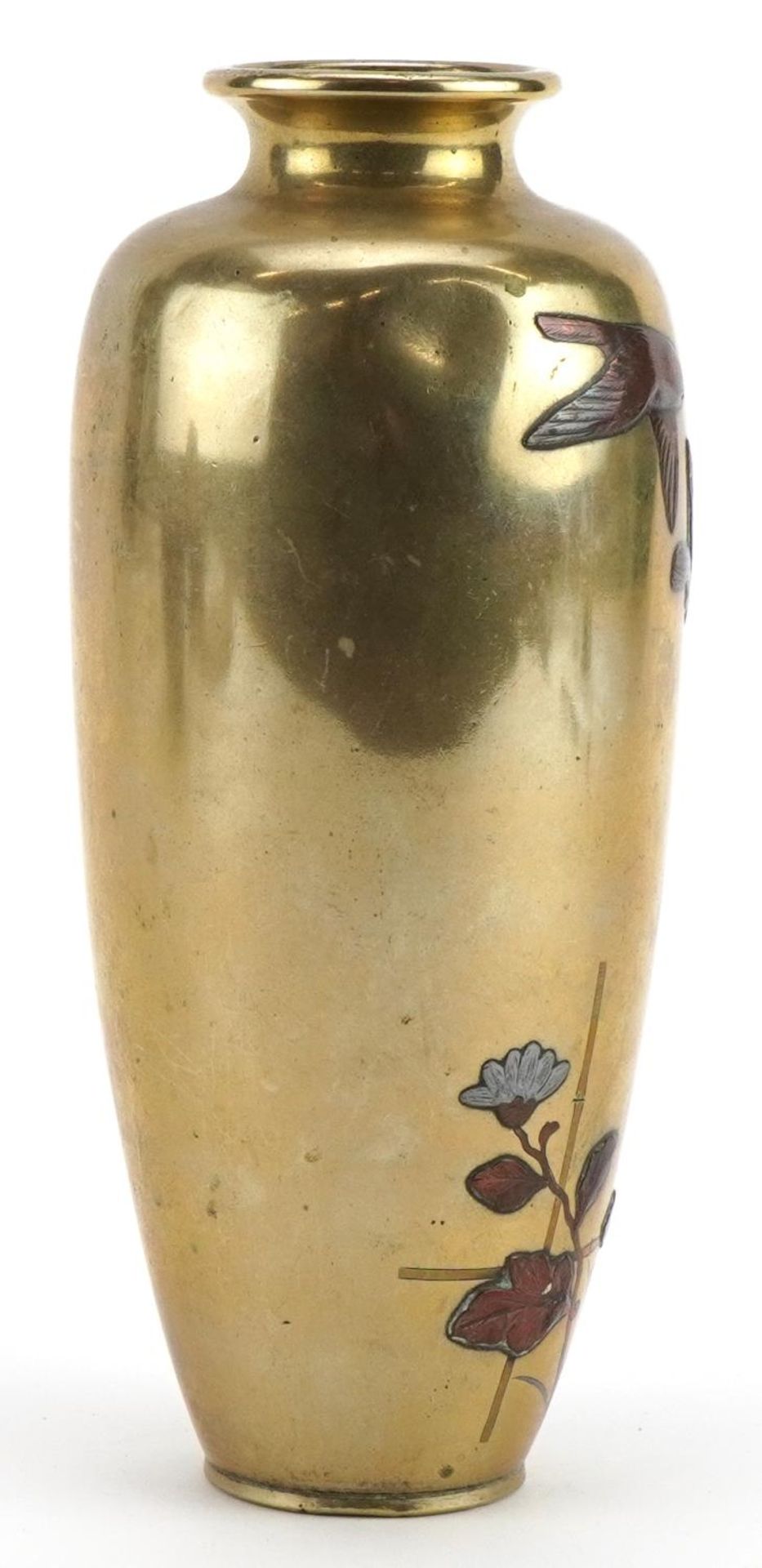 Japanese bronze and mixed metal vase decorated with birds amongst flowers, 16cm high - Image 2 of 3