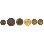Six antique tokens and weights including one sovereign