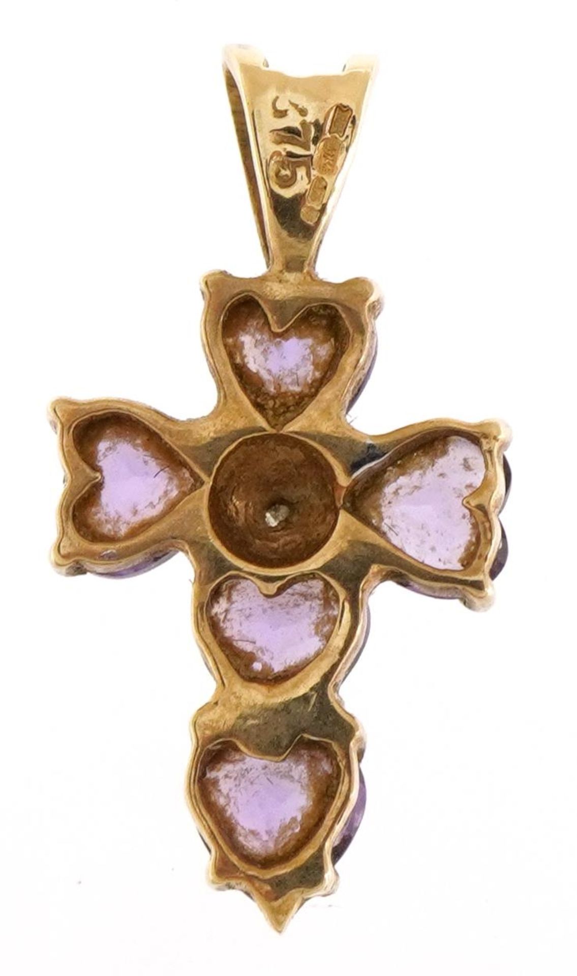 9ct gold amethyst cross pendant set with a diamond, 2.0cm high, 1.1g - Image 2 of 3