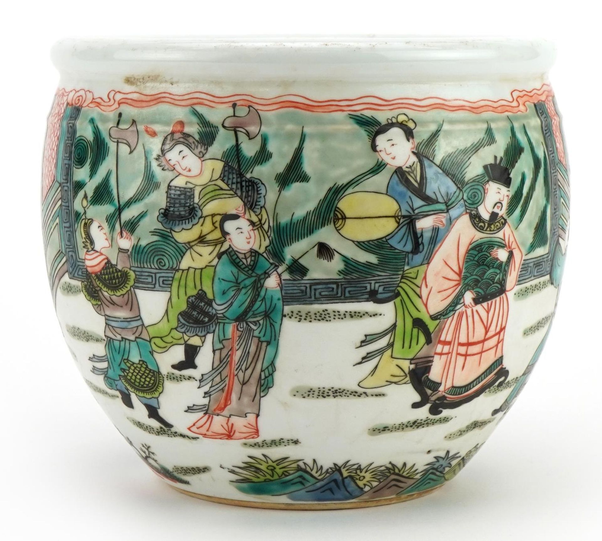 Chinese porcelain planter hand painted in the famille verte palette with warriors and figures in a